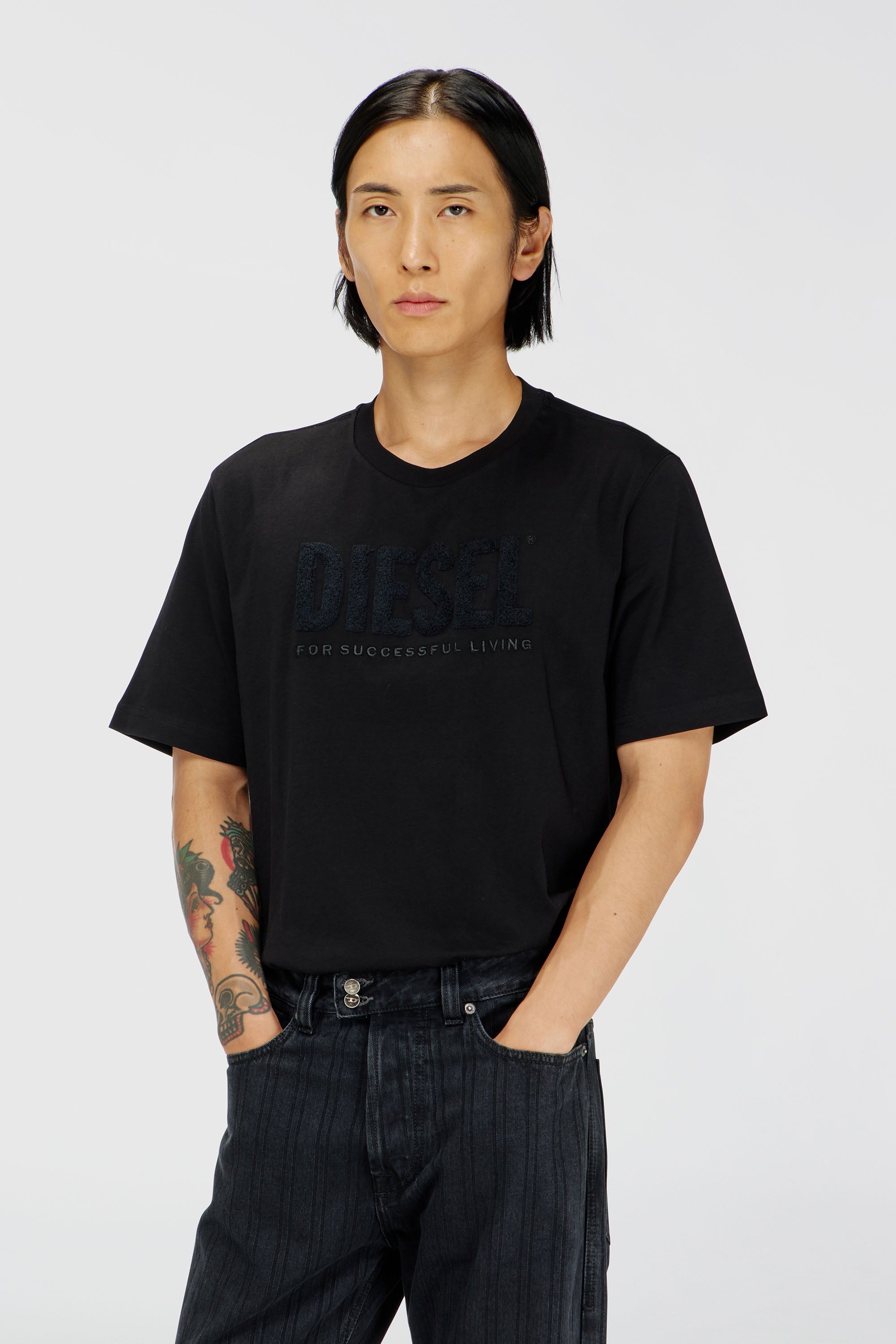 Diesel - Cotton T-shirt with tonal Diesel logo print - T-Shirts - Man - Black