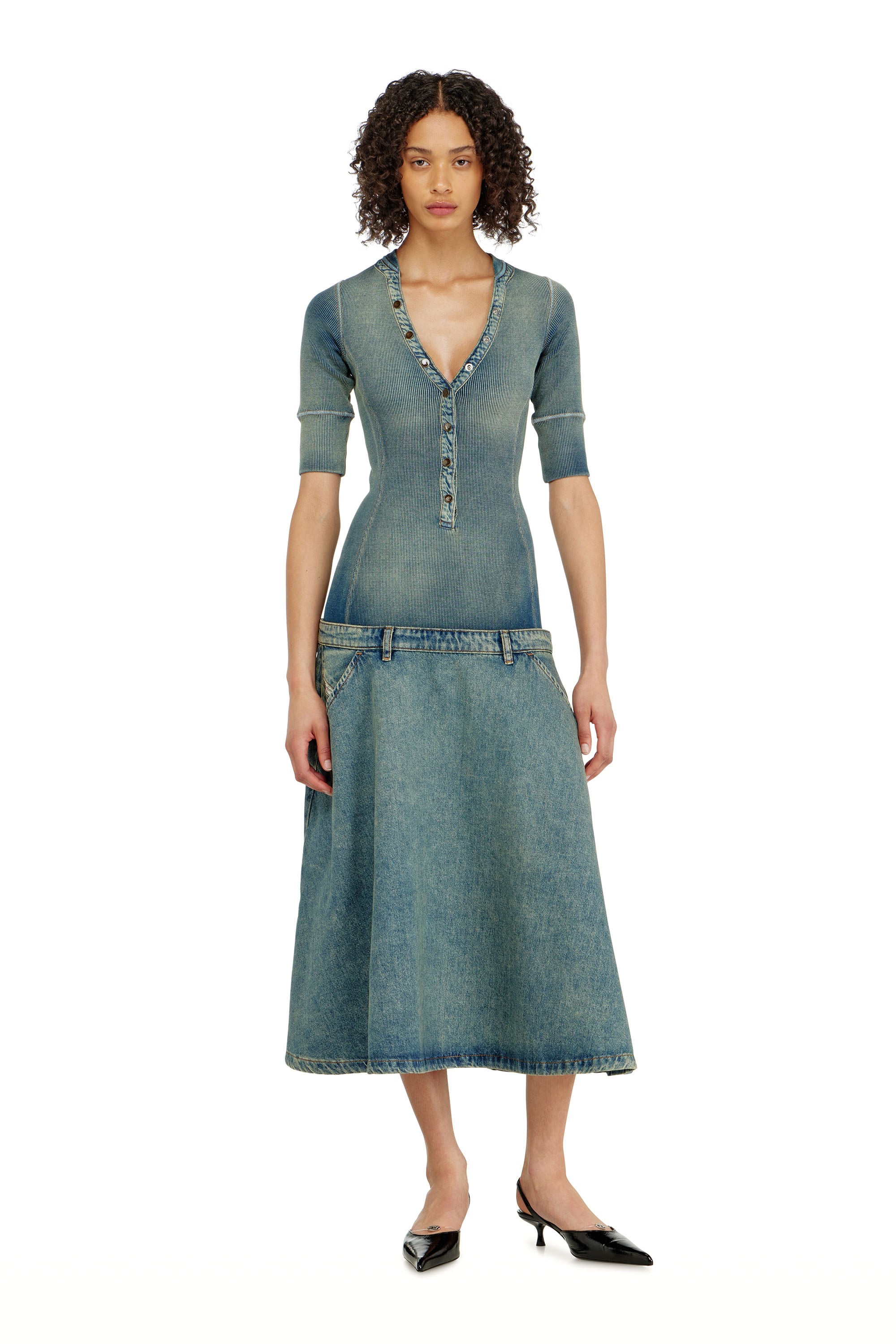 Diesel - Drop-waist midi dress in knit and denim - Dresses - Woman - Blue