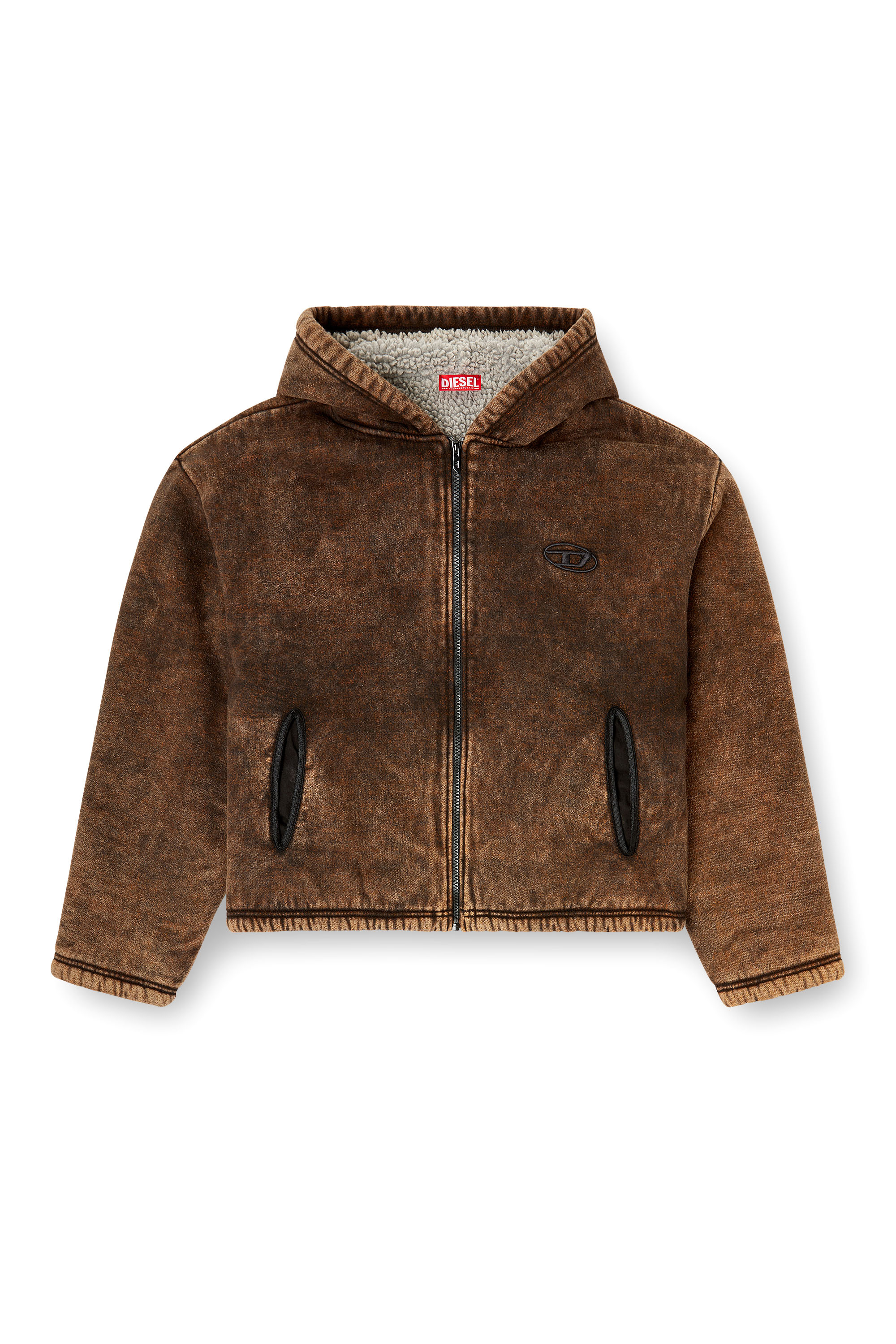 Diesel - F-ELLA, Woman's Acid-wash zip-up hoodie with teddy lining in Brown - 3