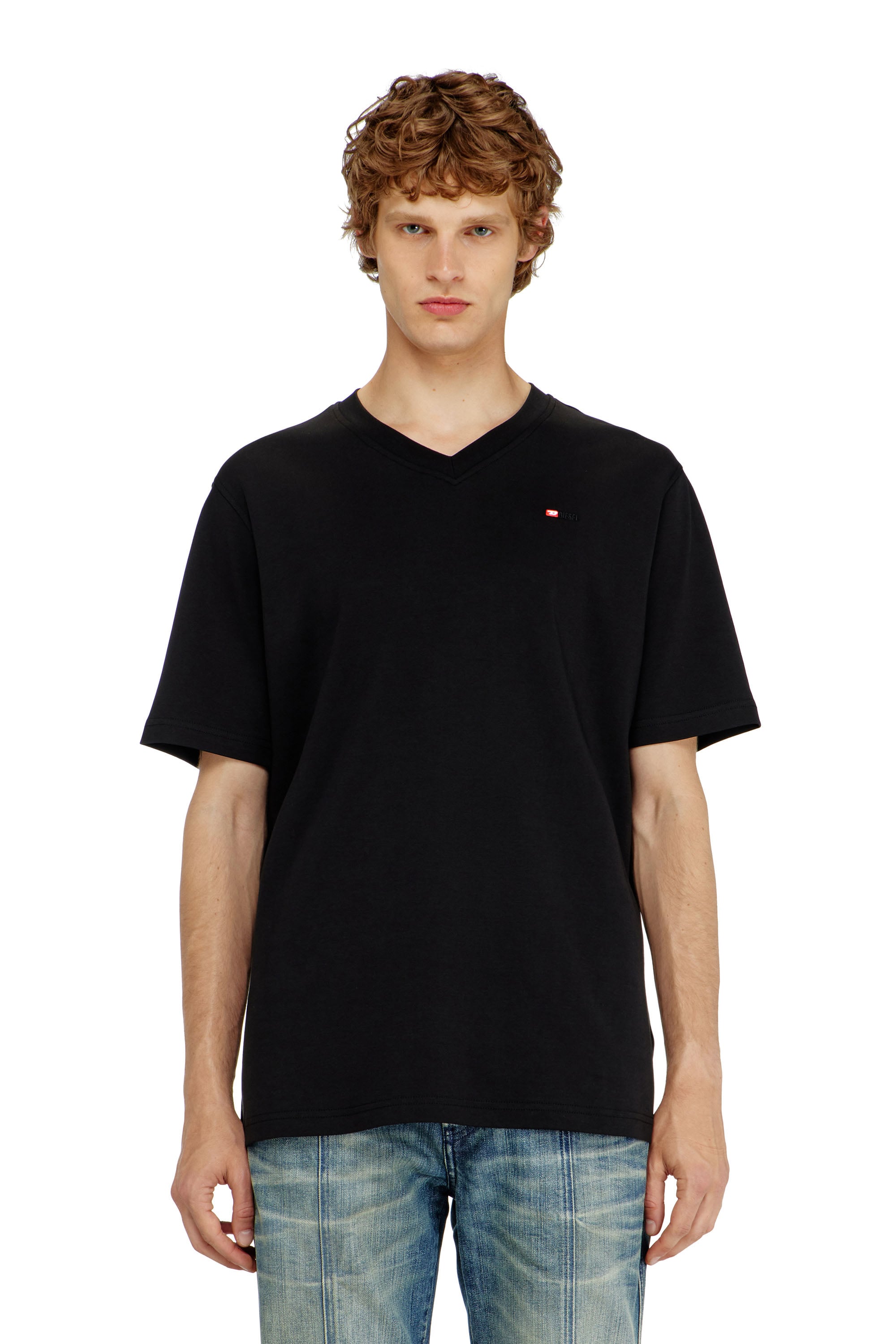 Diesel Homem Preto - V-Neck T-Shirt With Micro Logo Embroidery - T-Shirts - Man Extra Grande