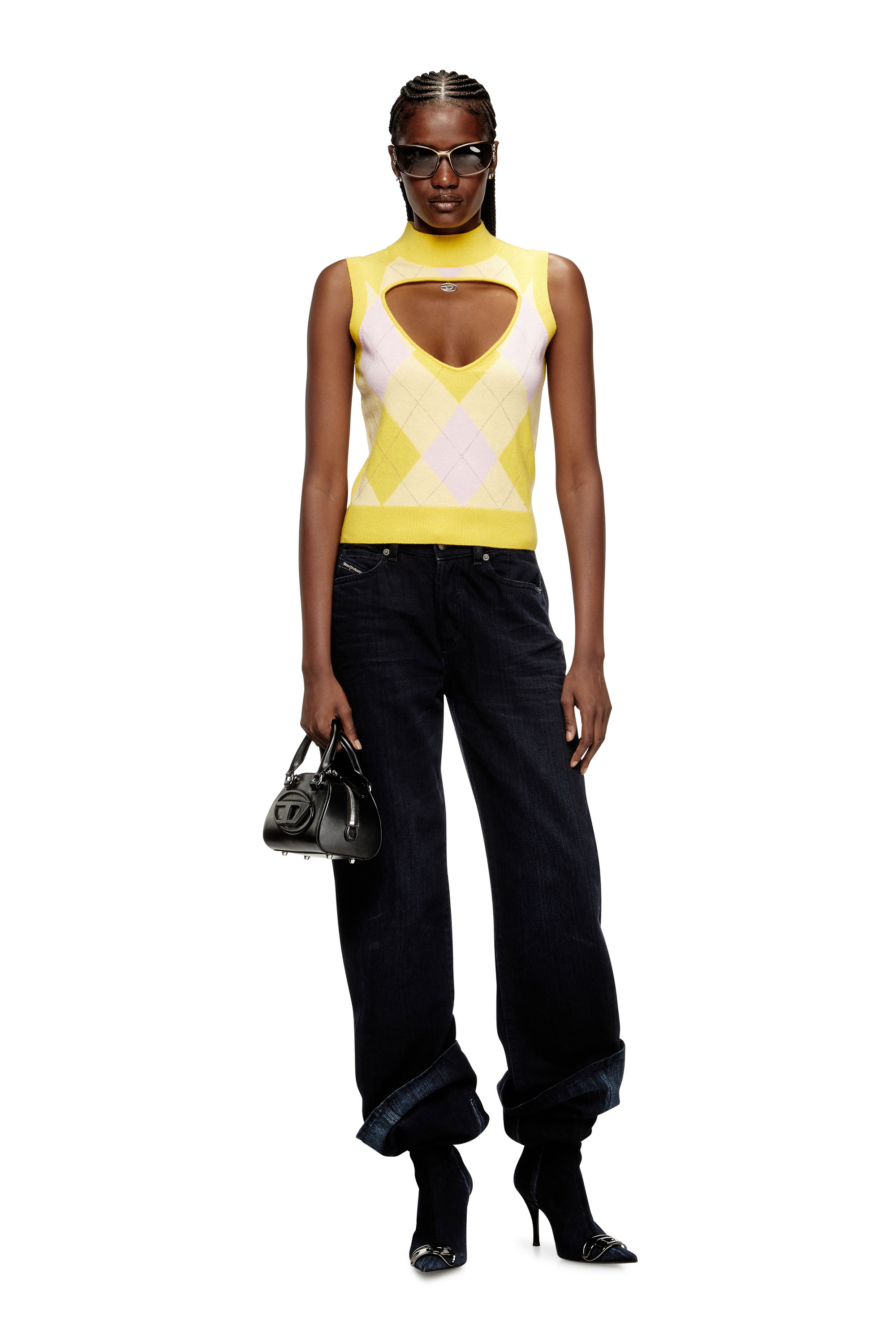 Diesel - M-ROMKO-SL, Woman's Cut-out turtleneck vest in argyle wool in Yellow - 2