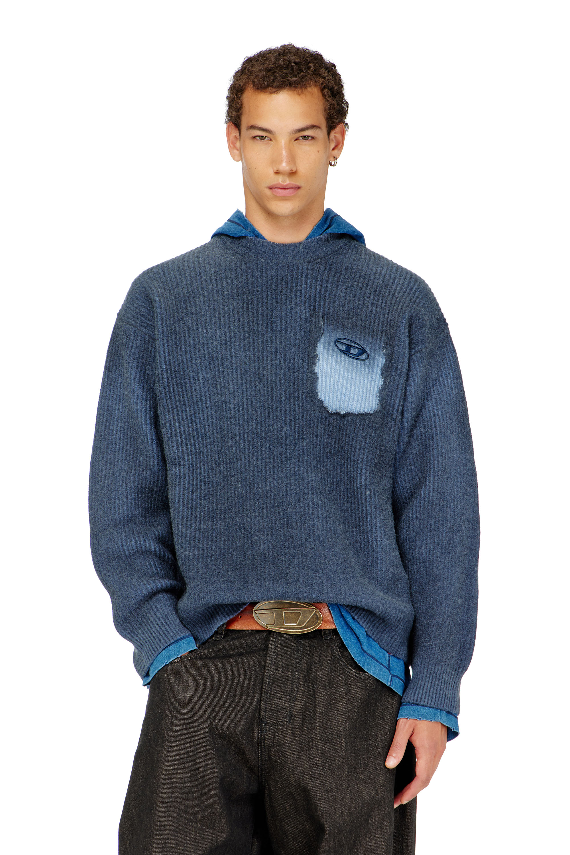 Diesel Herr Blå - Wool-Blend Jumper With Mock Pocket - Knitwear - Man Små