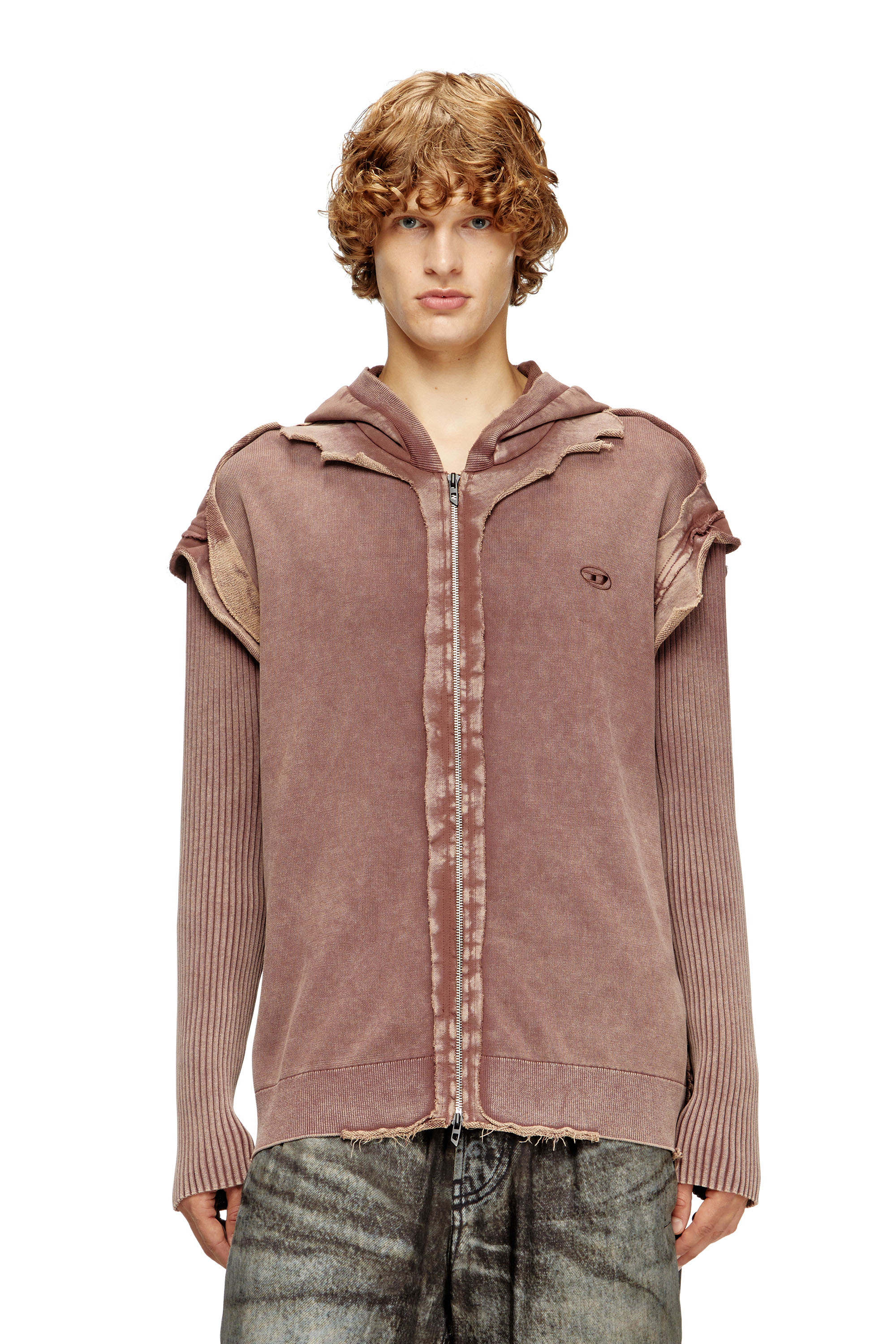 Diesel - Zip-up hoodie with destroyed effect - Knitwear - Man - Brown