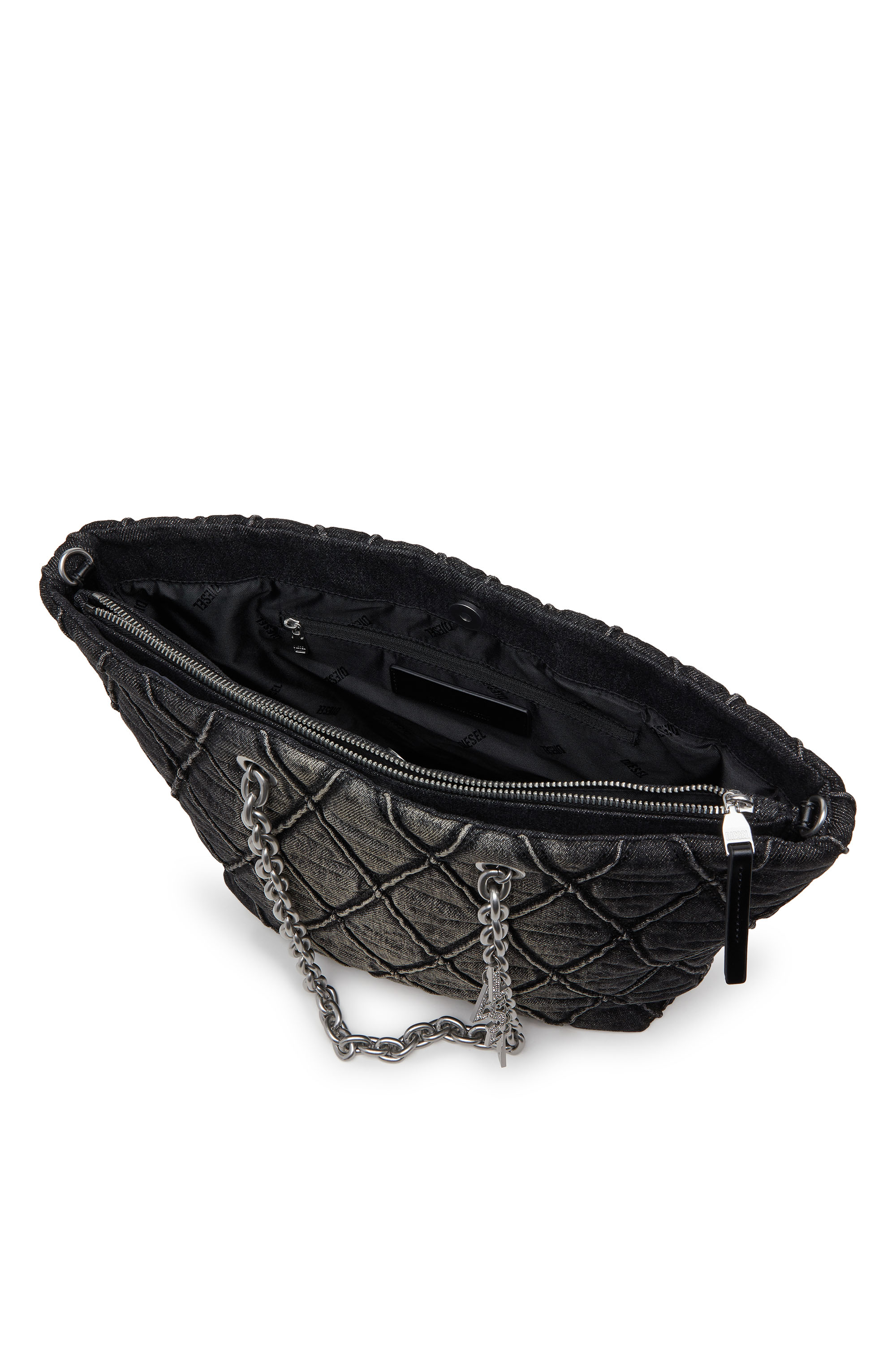 Diesel - CHARM-D SHOPPER M, Woman's Charm-D-Tote bag in treated quilted denim in Black - 4