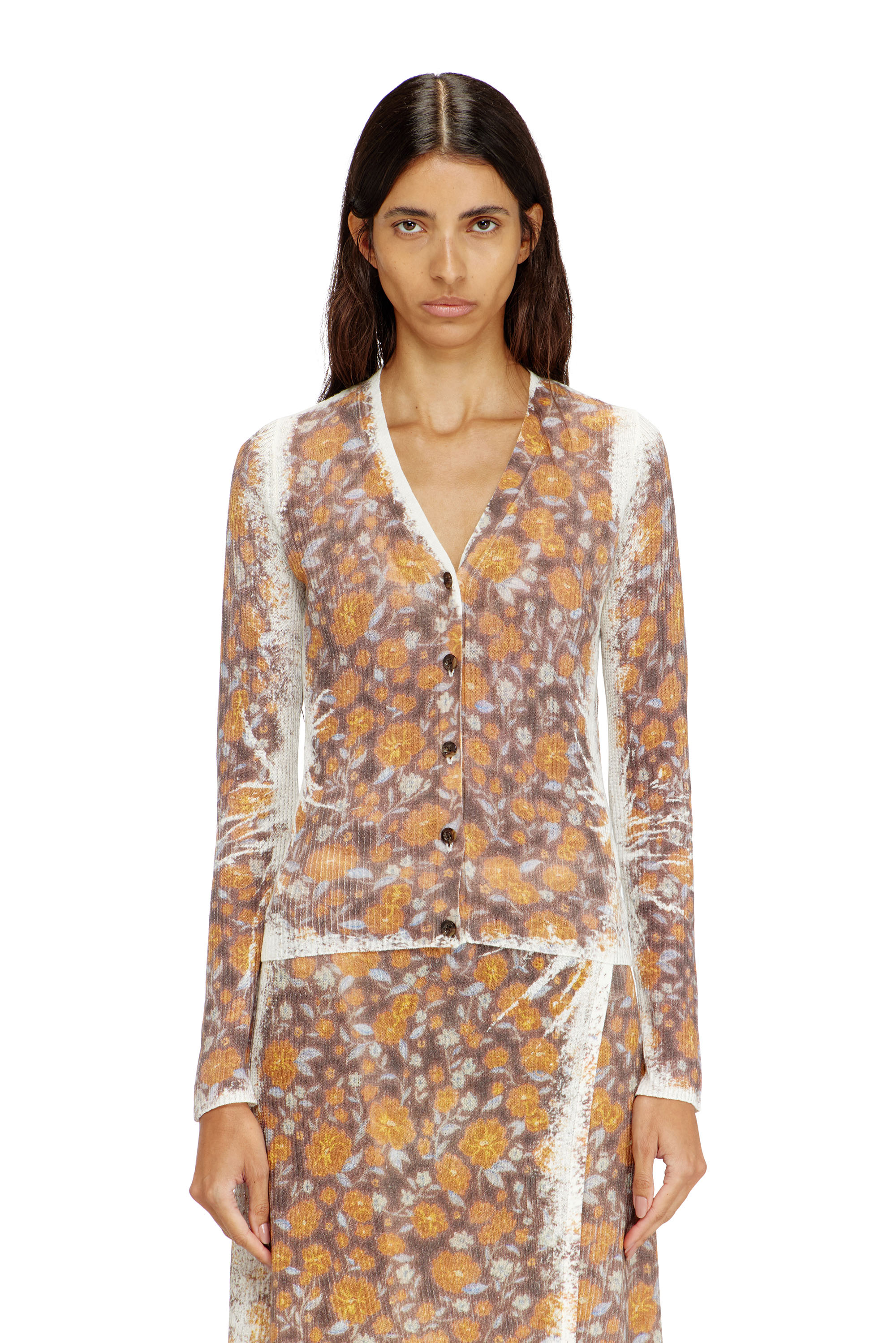 Diesel - Floral-print cardigan in linen knit - Knitwear - Woman - Brown