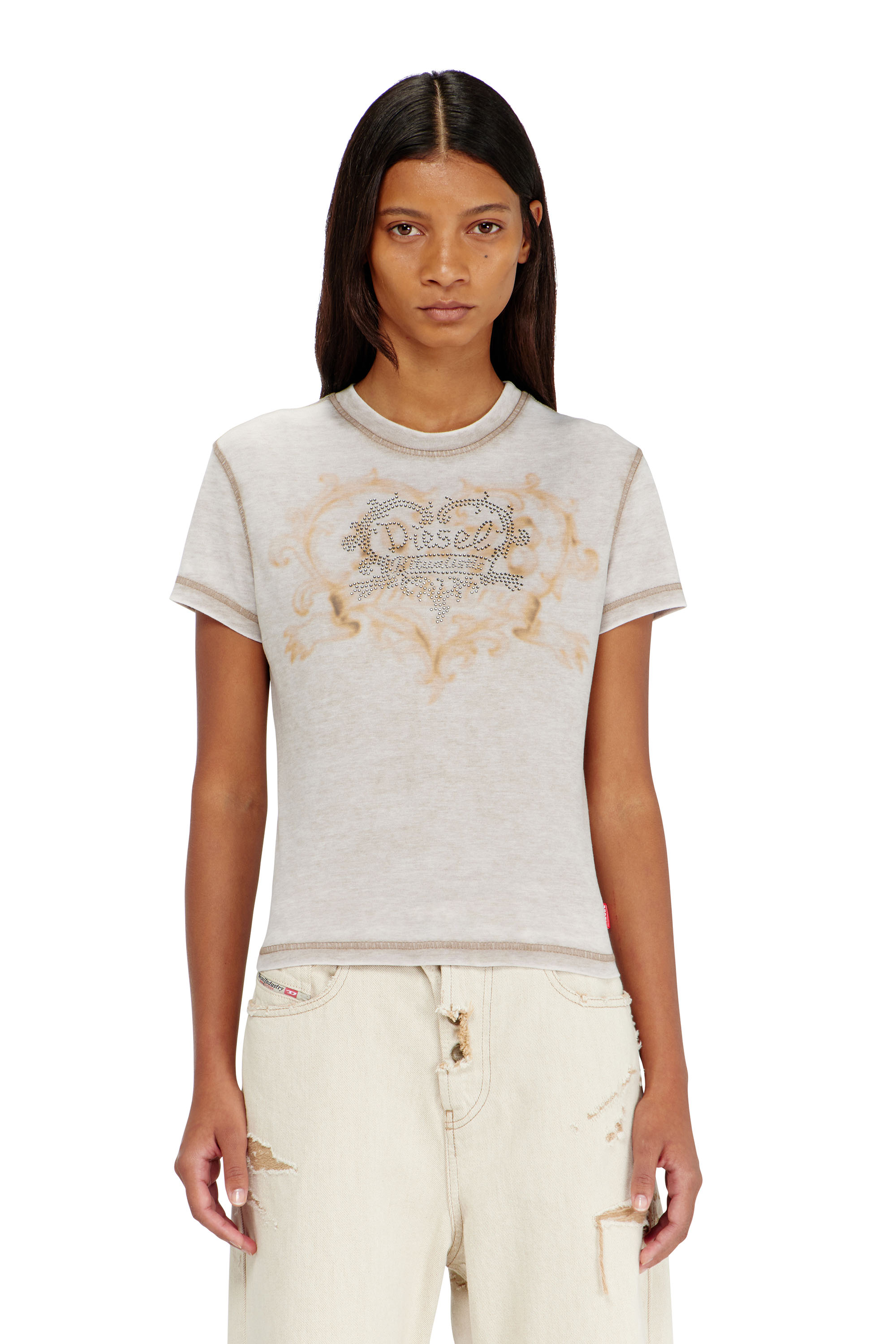 Diesel Women's Grey - Jersey T-Shirt With Rhinestones And Burnout Effect - T-Shirts - Woman Medium