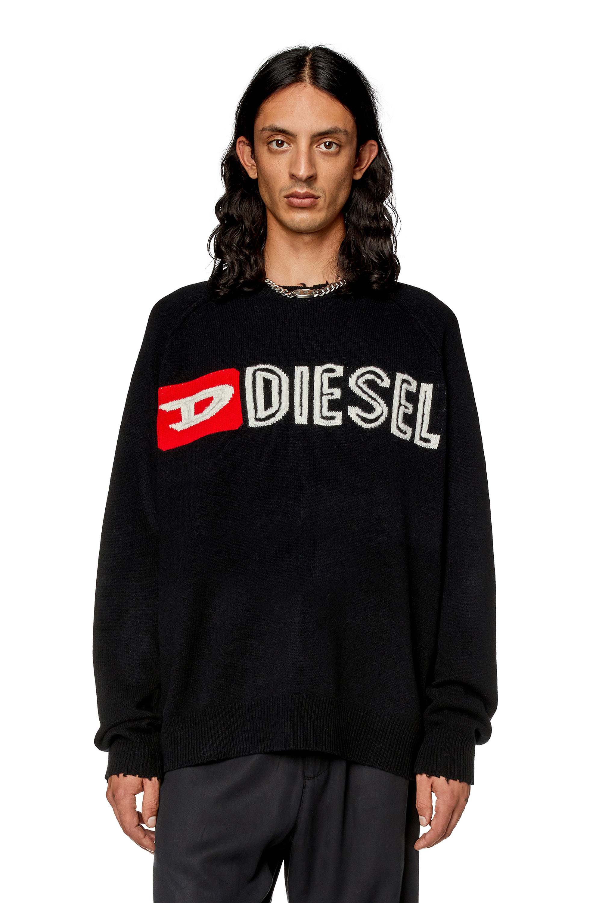 Diesel - Jersey de lana con cuello redondo y logotipo recortado - Punto - Hombre - Negro