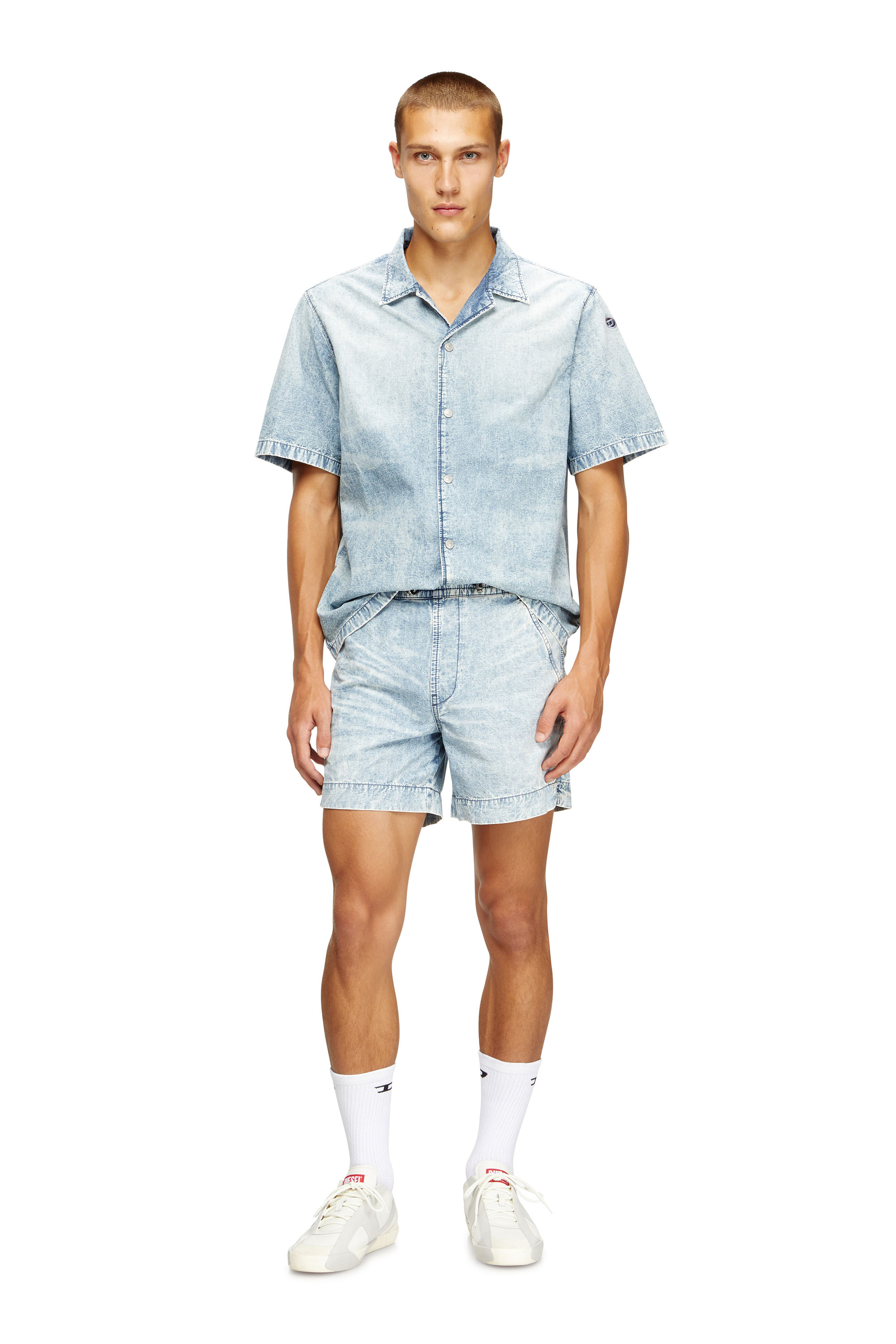 Diesel - D-NABIL-S4, Man's Bowling shirt in marbled denim in Light Blue - 2