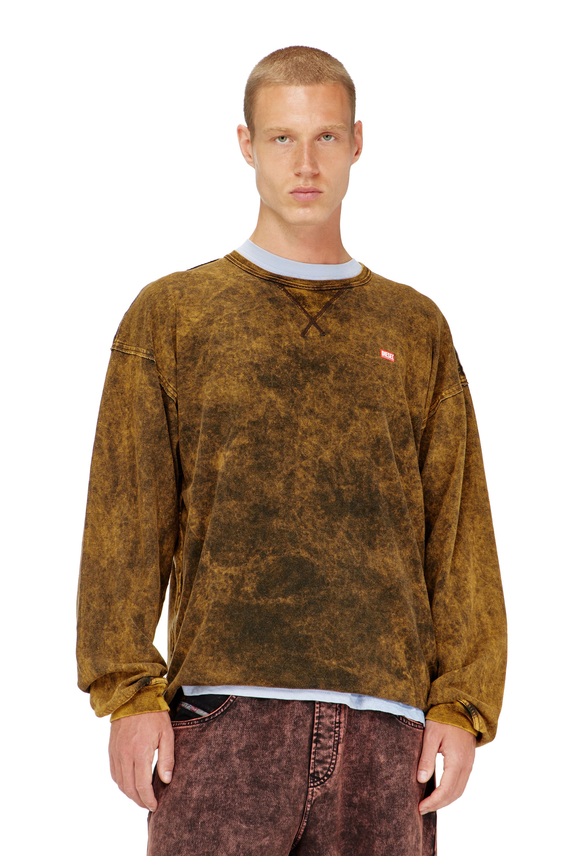 Diesel – Acid-wash long-sleeve T-shirt with frayed details – T-Shirts – Man – Brown