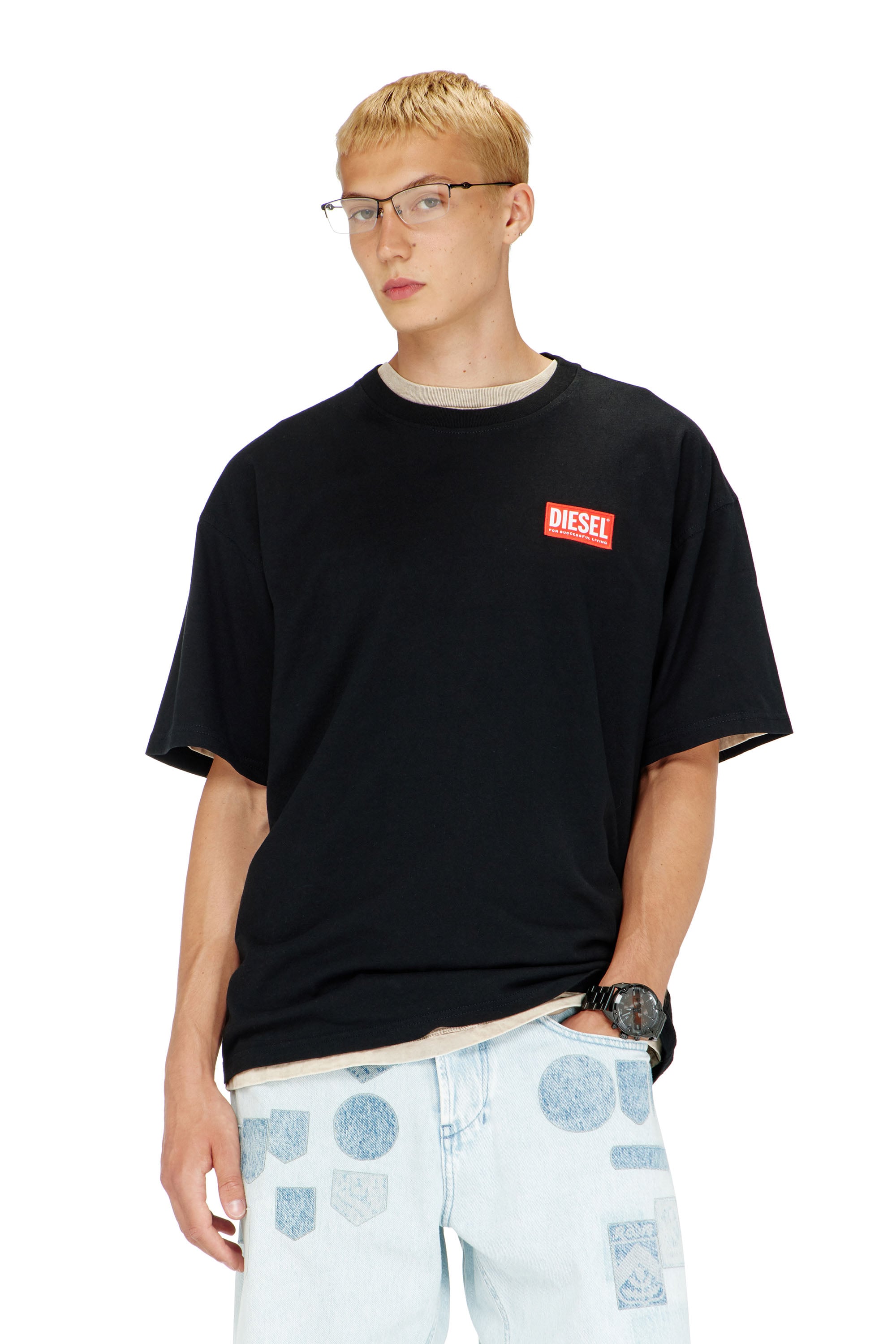 Diesel Mannelijk Zwart - T-Shirt With Jacquard Logo Patch - T-Shirts - Man Klein