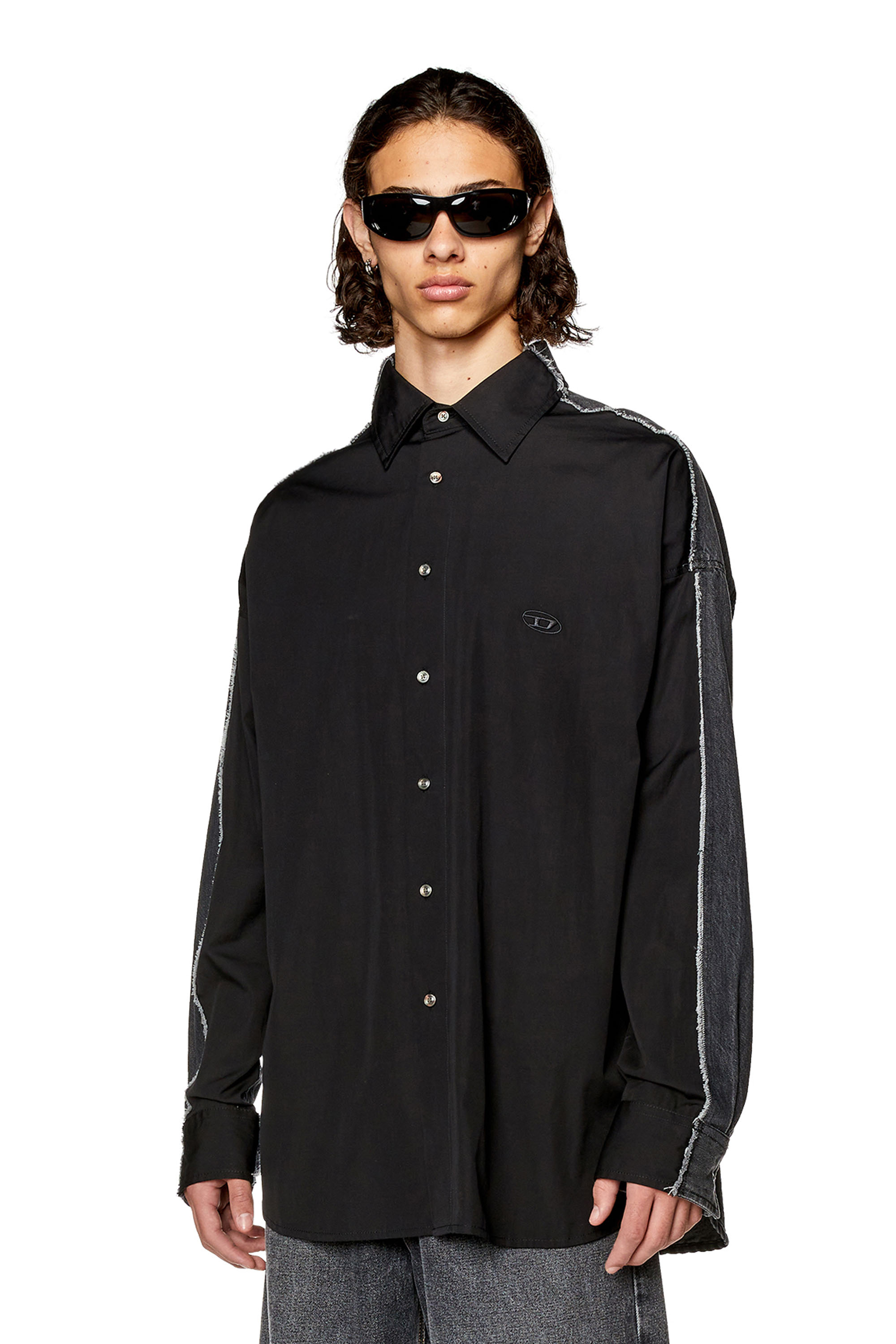 Diesel - Shirt in poplin and raw-edge denim - Shirts - Man - Black
