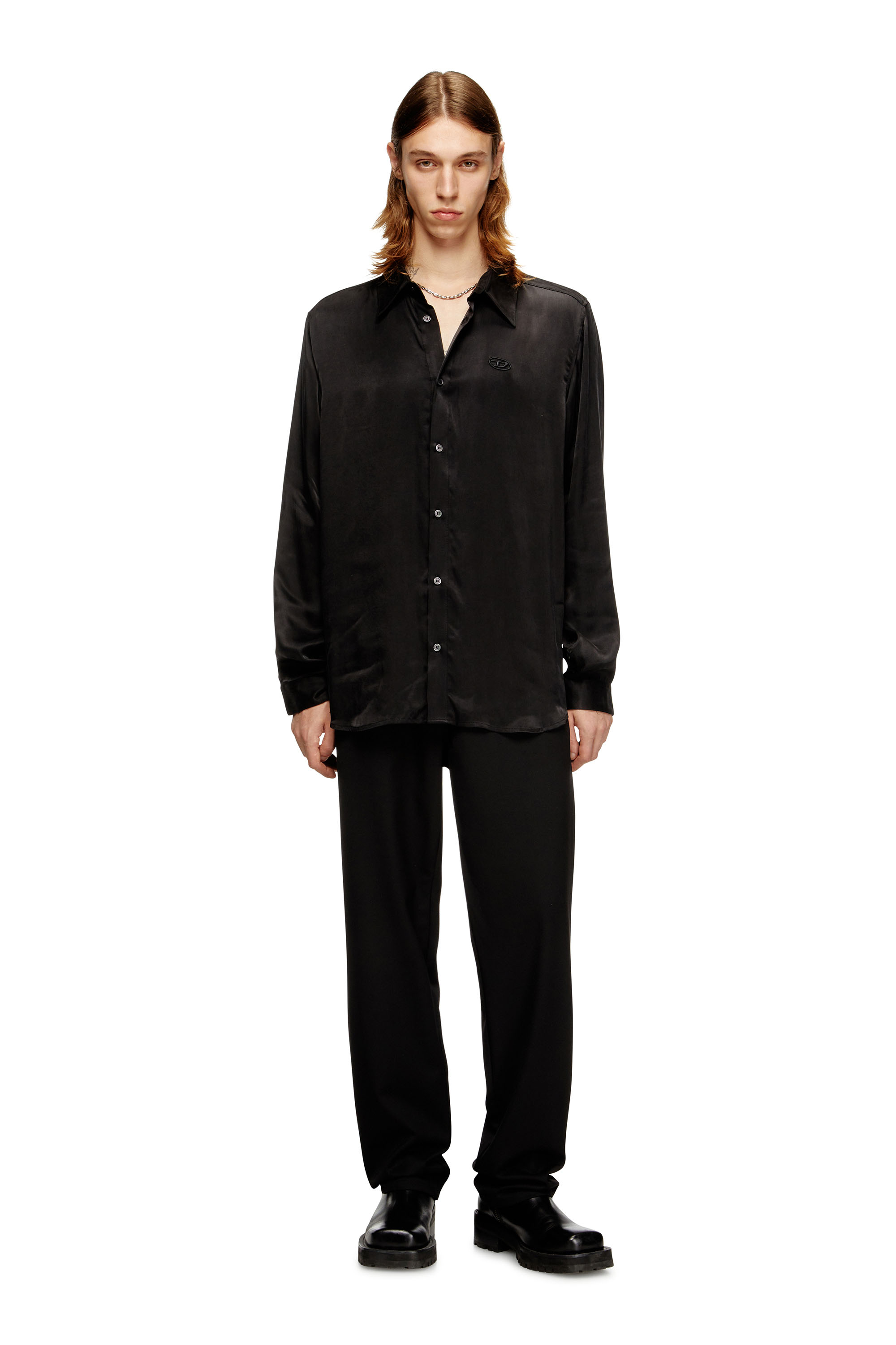 Diesel - S-SIMPLY-AJFU, Man's Cupro shirt with embroidered logo in Black - 2
