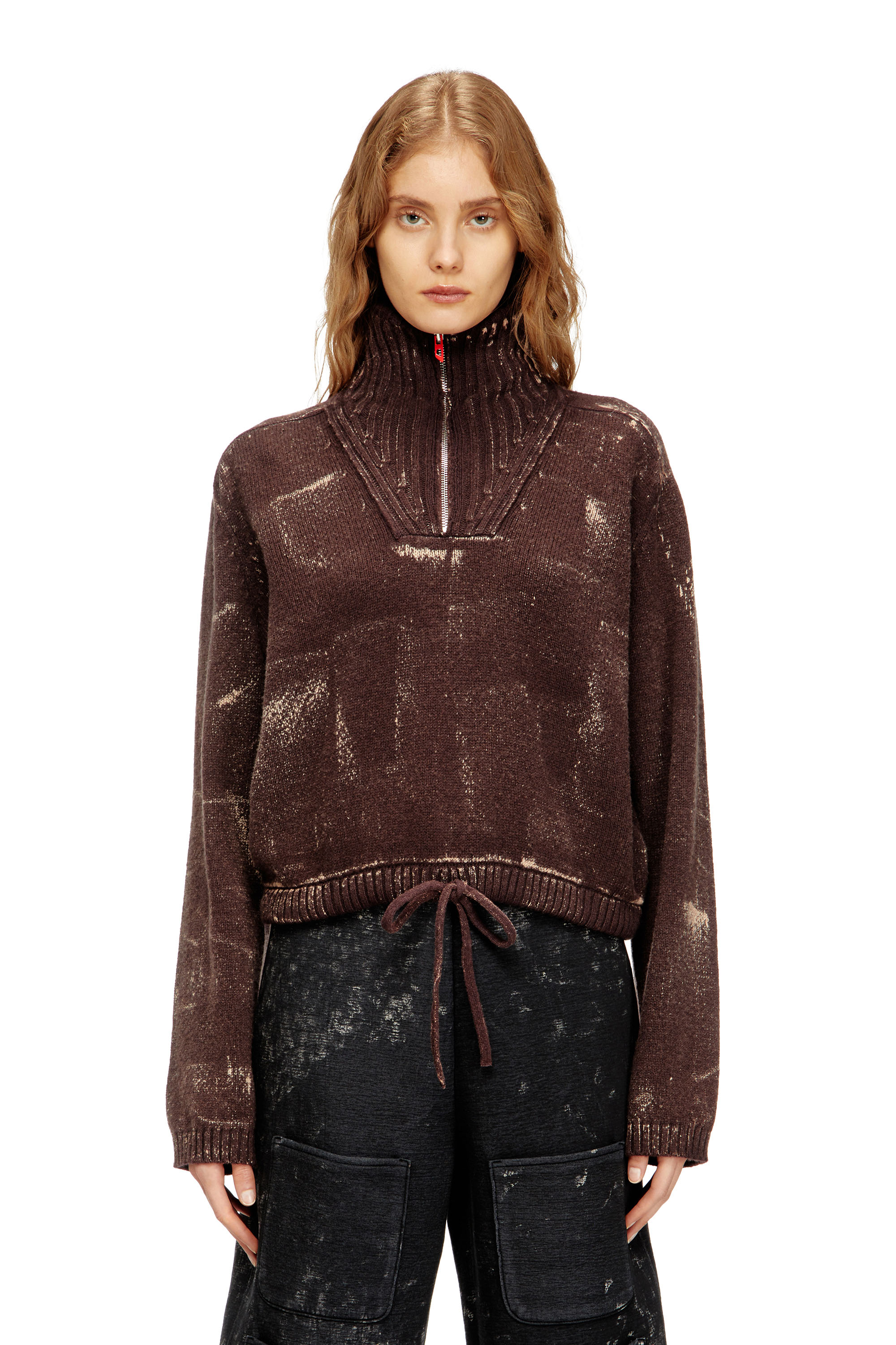 Diesel Marrone Donna - Maglia A Mezza Zip Con Effetto Distressed - Maglieria Piccolo