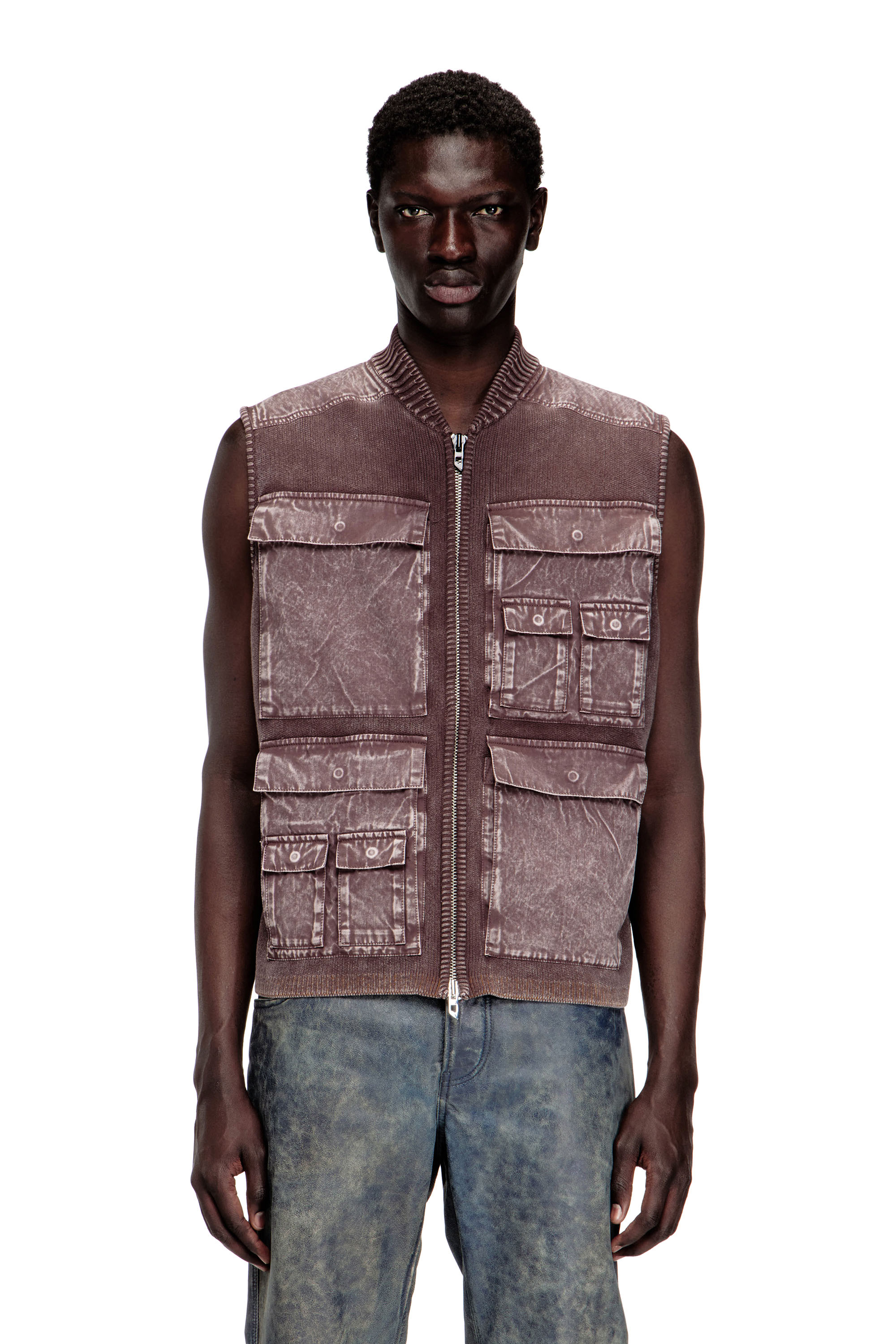 Diesel Mužský Hnedý - Zip-Up Knitted Vest With Cargo Pockets - Knitwear - Man Malý