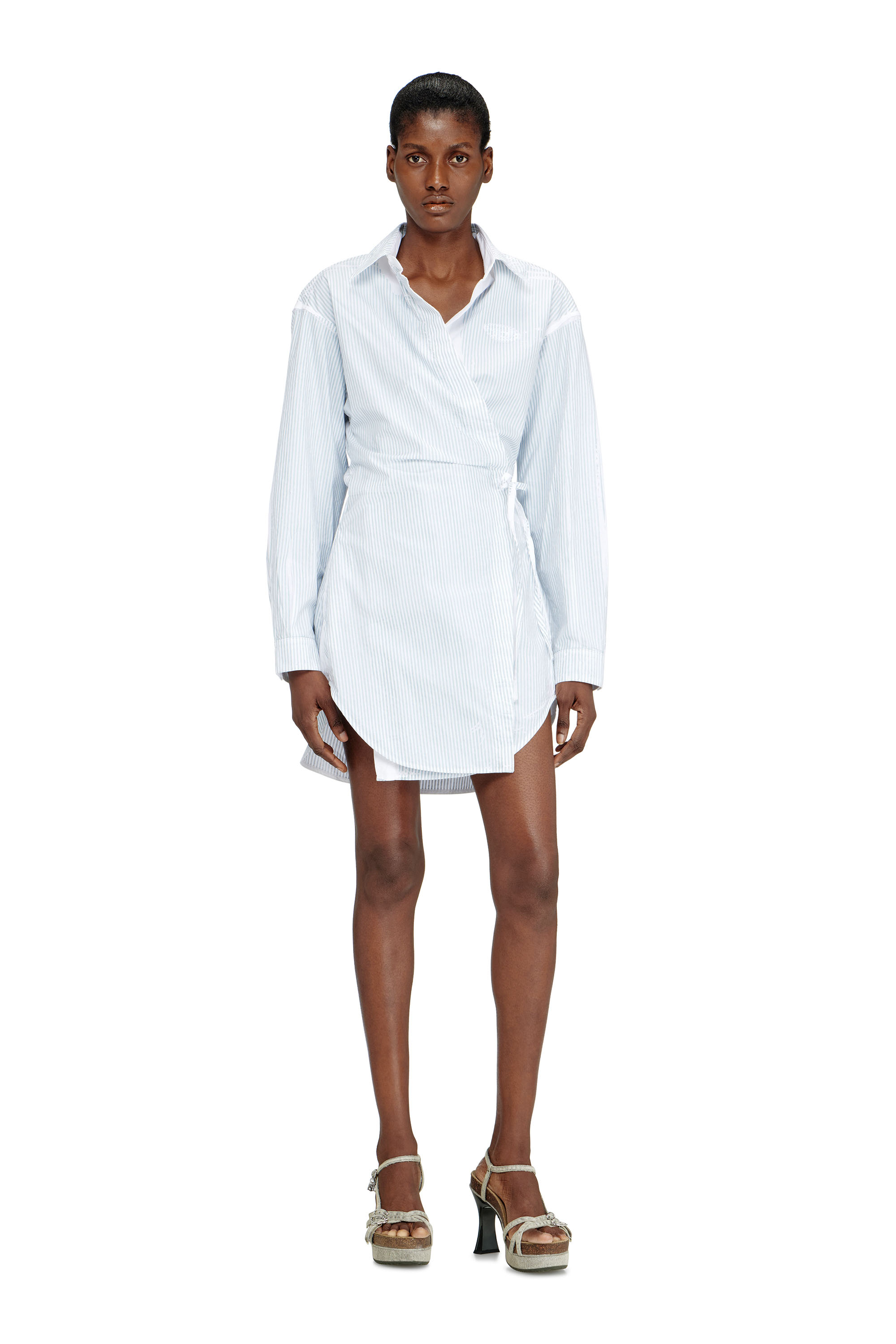 Diesel - D-DELPHOS-S2, Woman's Poplin wrap-around mini dress with pinstripes in Light Blue - 2