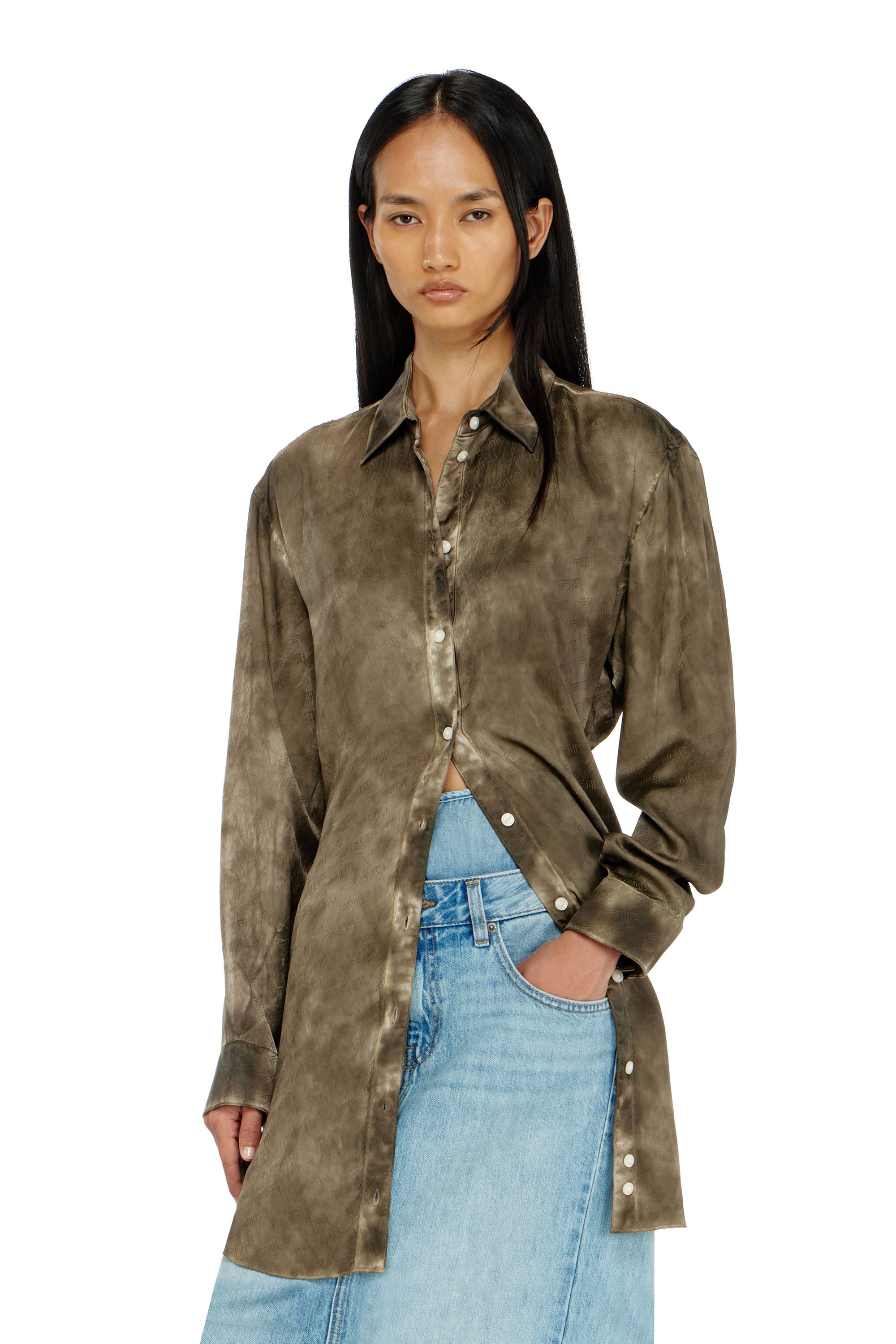 Diesel - Long shirt in logo-jacquard crinkled satin - Dresses - Woman - Green