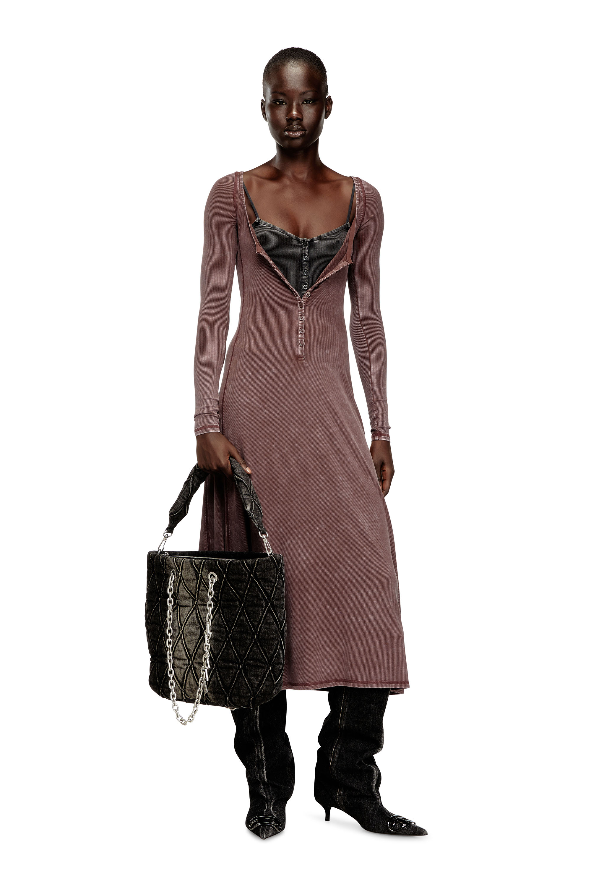 Diesel - D-LEY, Woman's Midi dress in faded ribbed jersey in Pink - 1