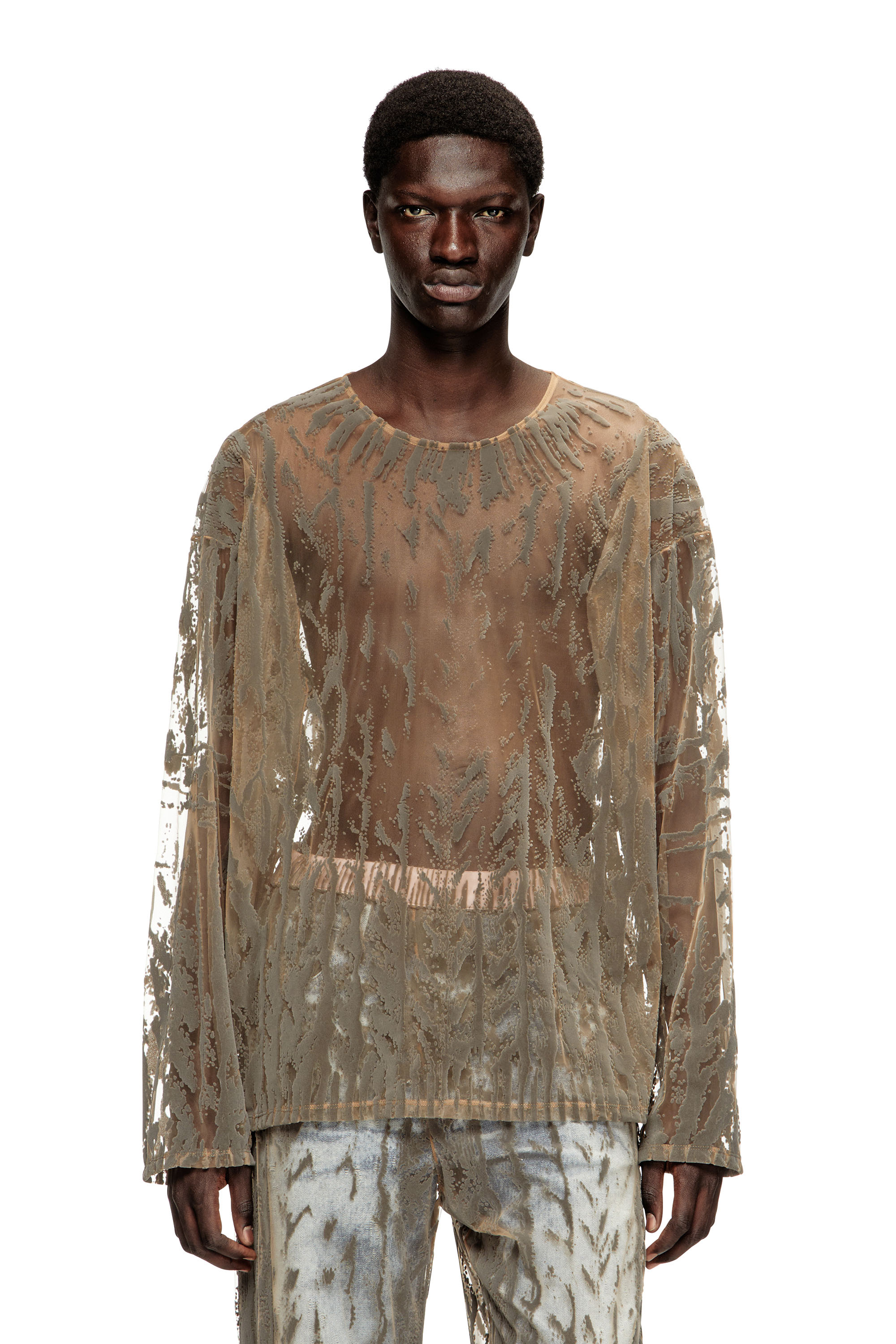 Diesel - T-TARAS, Man's Long-sleeve top in flocked tulle in Light Grey - 1