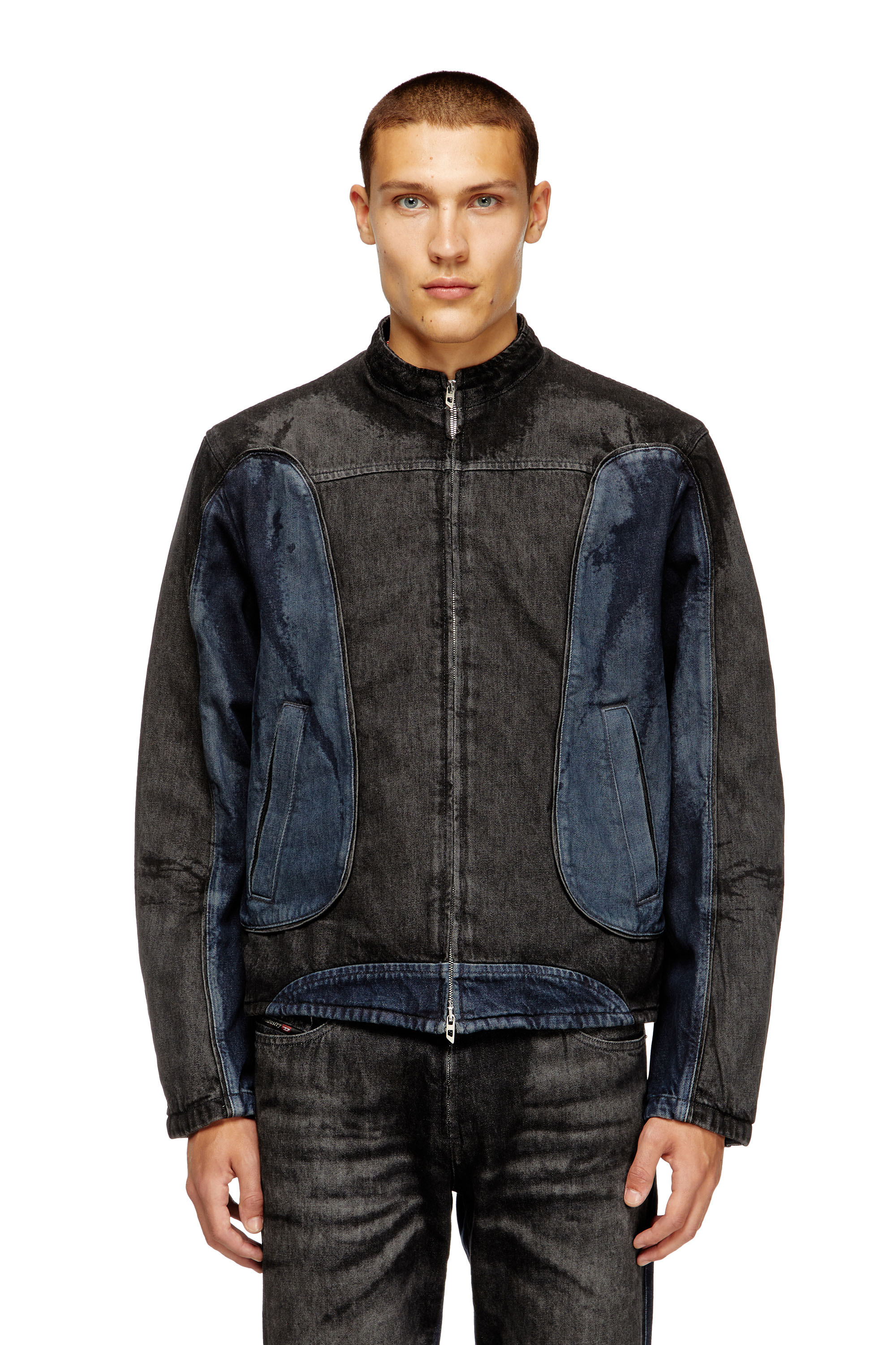 Diesel - D-BLENK-S, Man's Biker-style jacket in bicolour denim in Black/Blue - 1