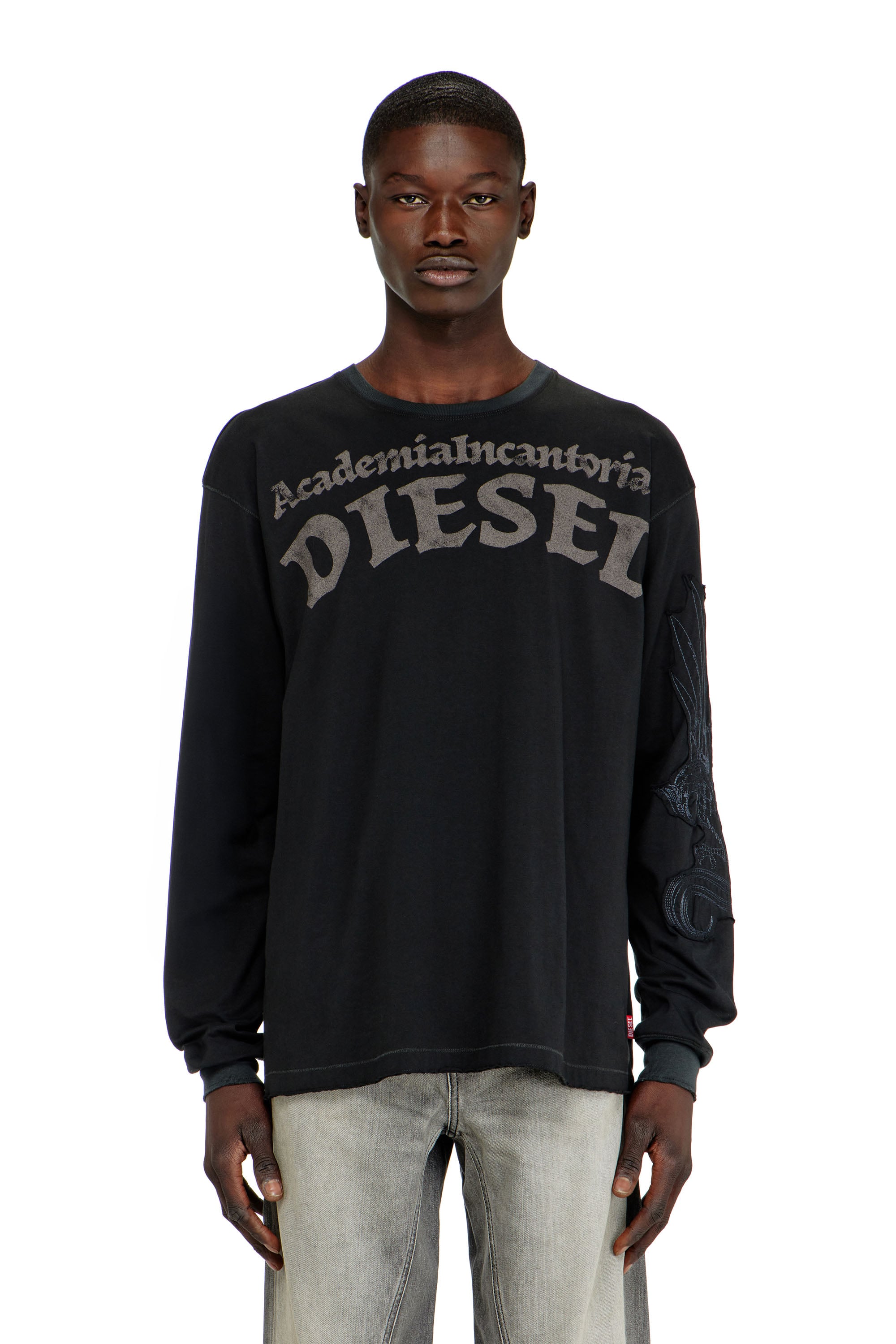 Diesel Men's Black - Long-Sleeve T-Shirt With Prints And Patches - T-Shirts - Man Extra Small