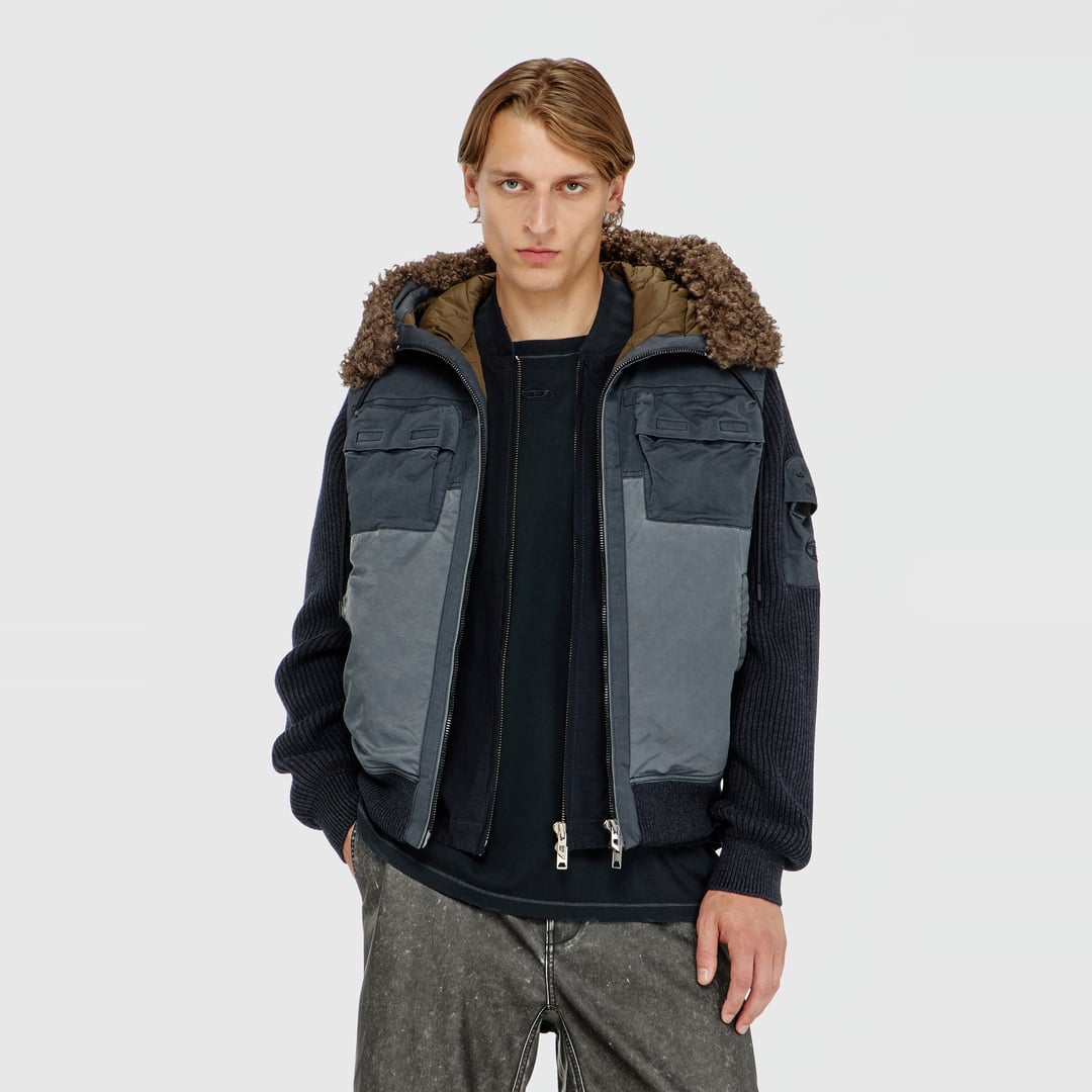 Diesel - Hooded padded jacket with knitted sleeves - Winter Jackets - Man - Blue