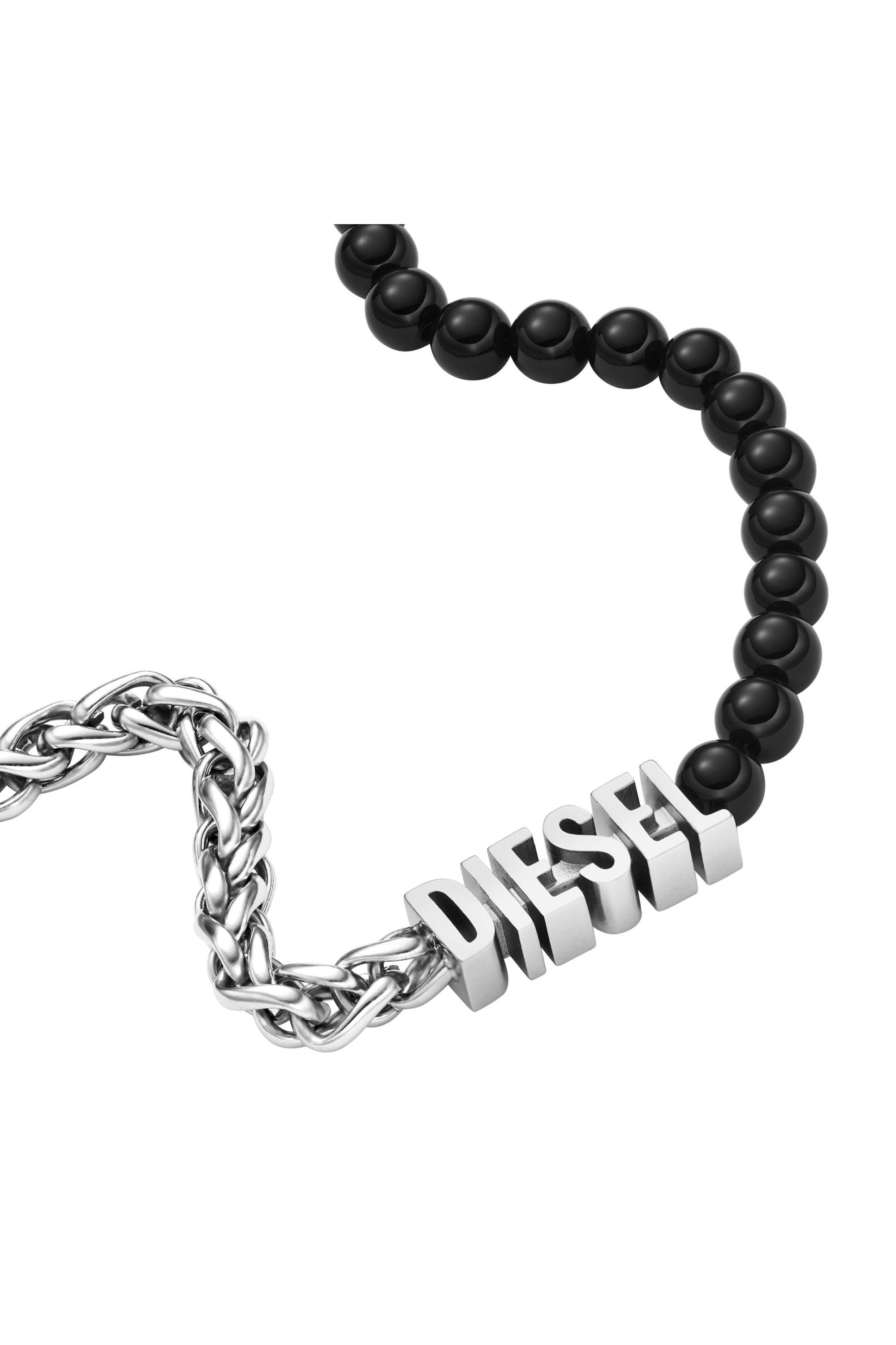 Shop Diesel Black Agate Beaded Chain Necklace In Silver