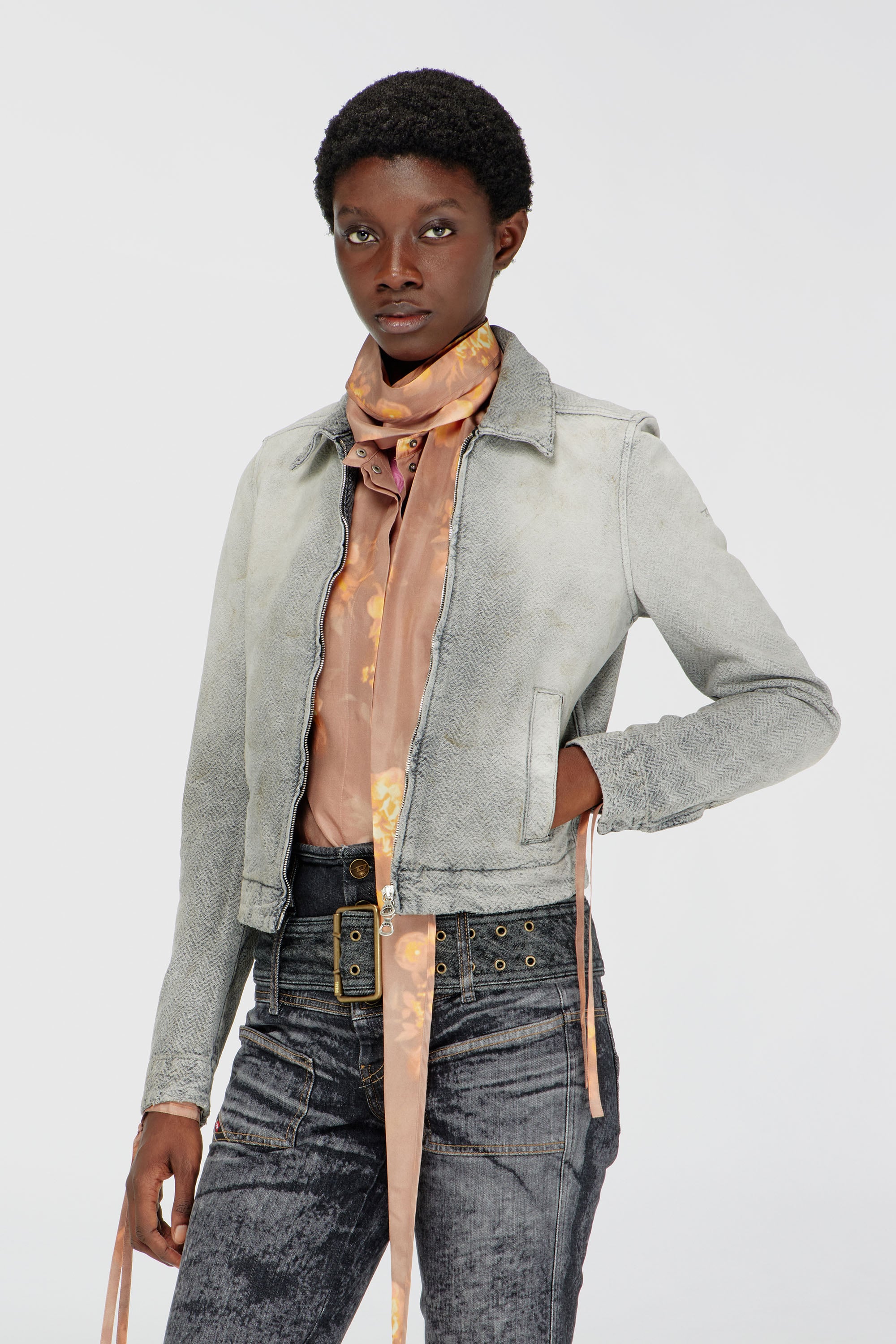 Diesel – Jacket in distressed herringbone denim – Denim Jackets – Woman – Grey