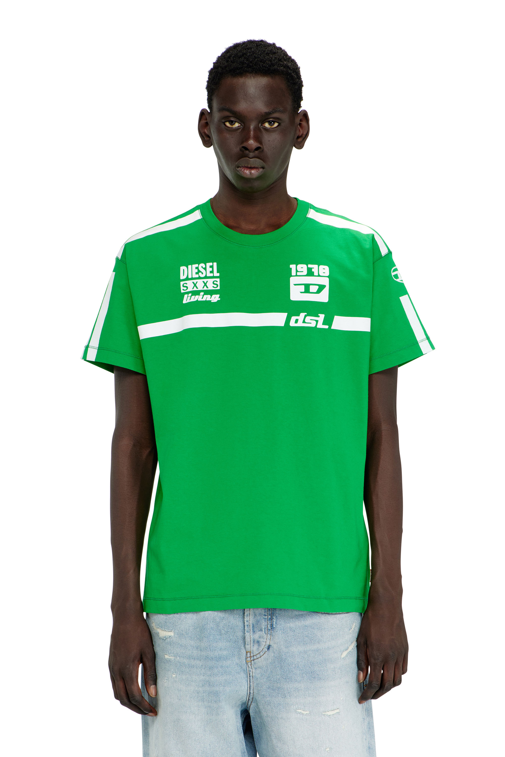 Diesel Herr Grön - Cotton T-Shirt With Contrast Graphic Prints - T-Shirts - Man Xxl