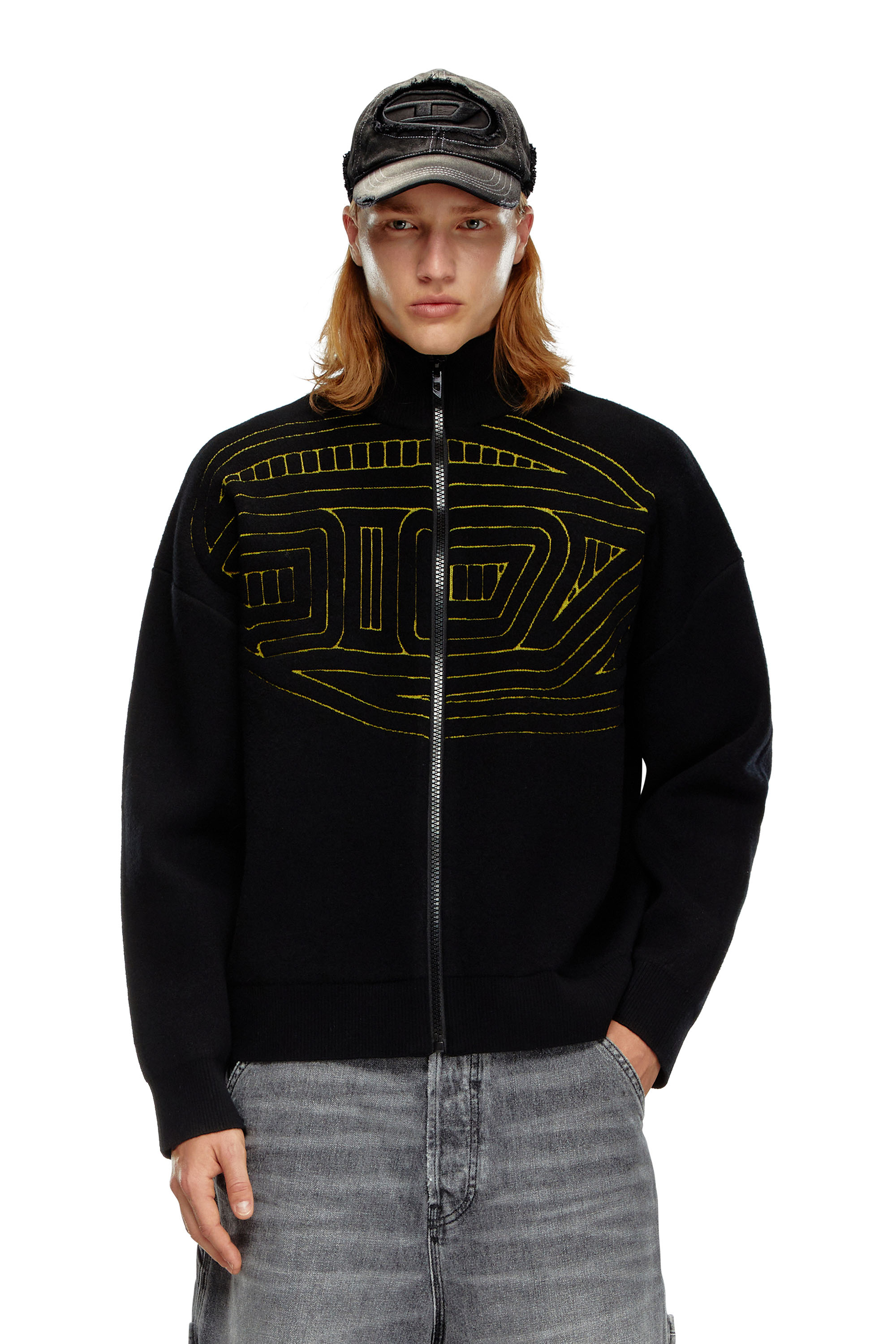 DIESEL WOOL-BLEND ZIP SWEATER WITH GRAPHIC LOGO 