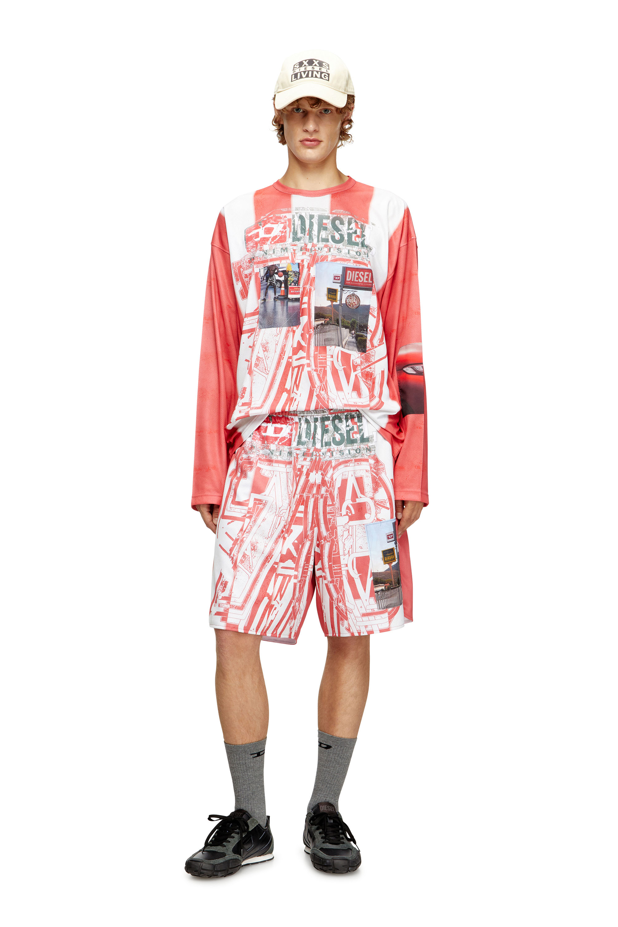 Diesel - T-RUBY, Man's Striped long-sleeve T-shirt with photo patches in Red/White - 2
