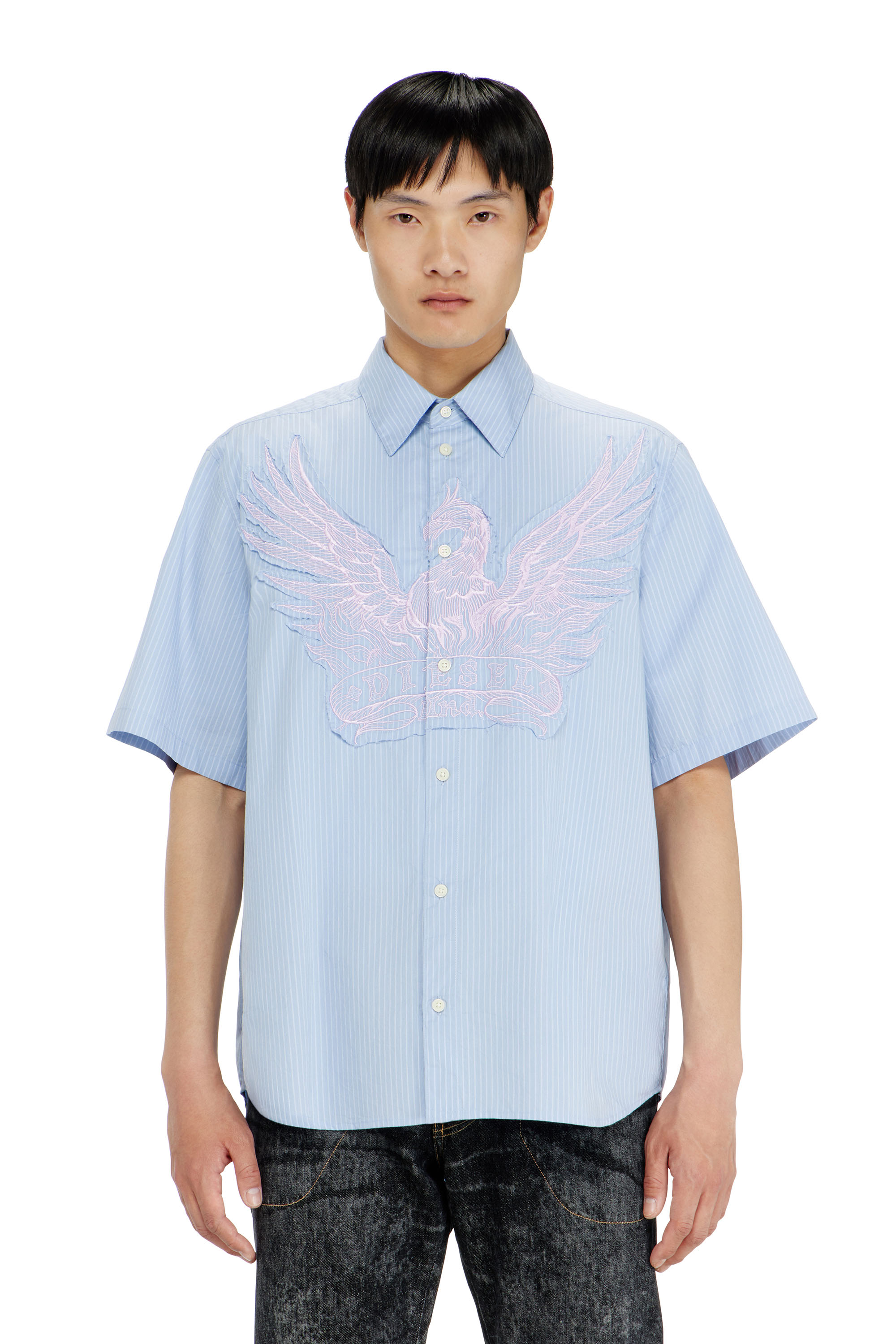 Diesel Men's Blue - Striped Poplin Shirt With Embroidered Patch - Shirts - Man Size 46