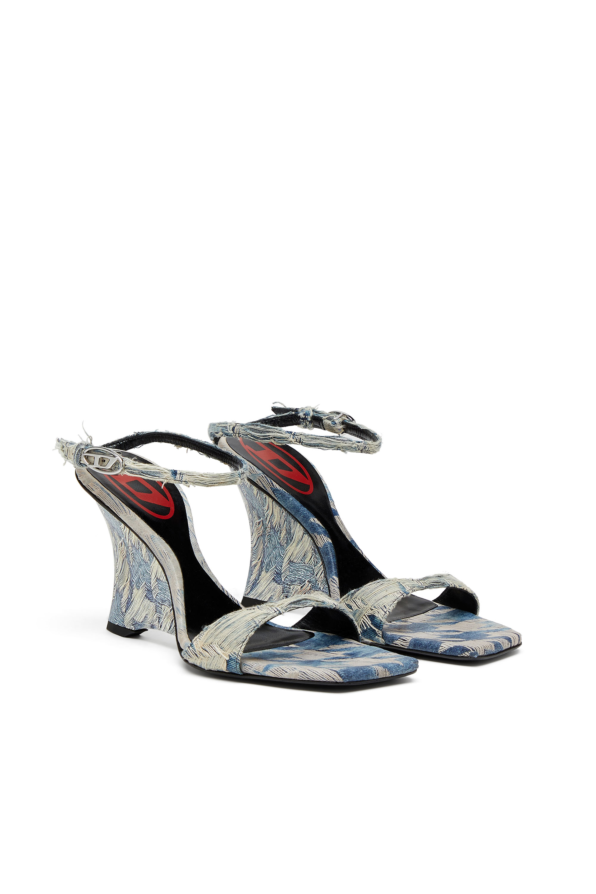 Diesel - D-AMBER SANDAL WEDGE, Woman's D-Amber-Wedge sandals in jacquard denim in Light Blue - 3