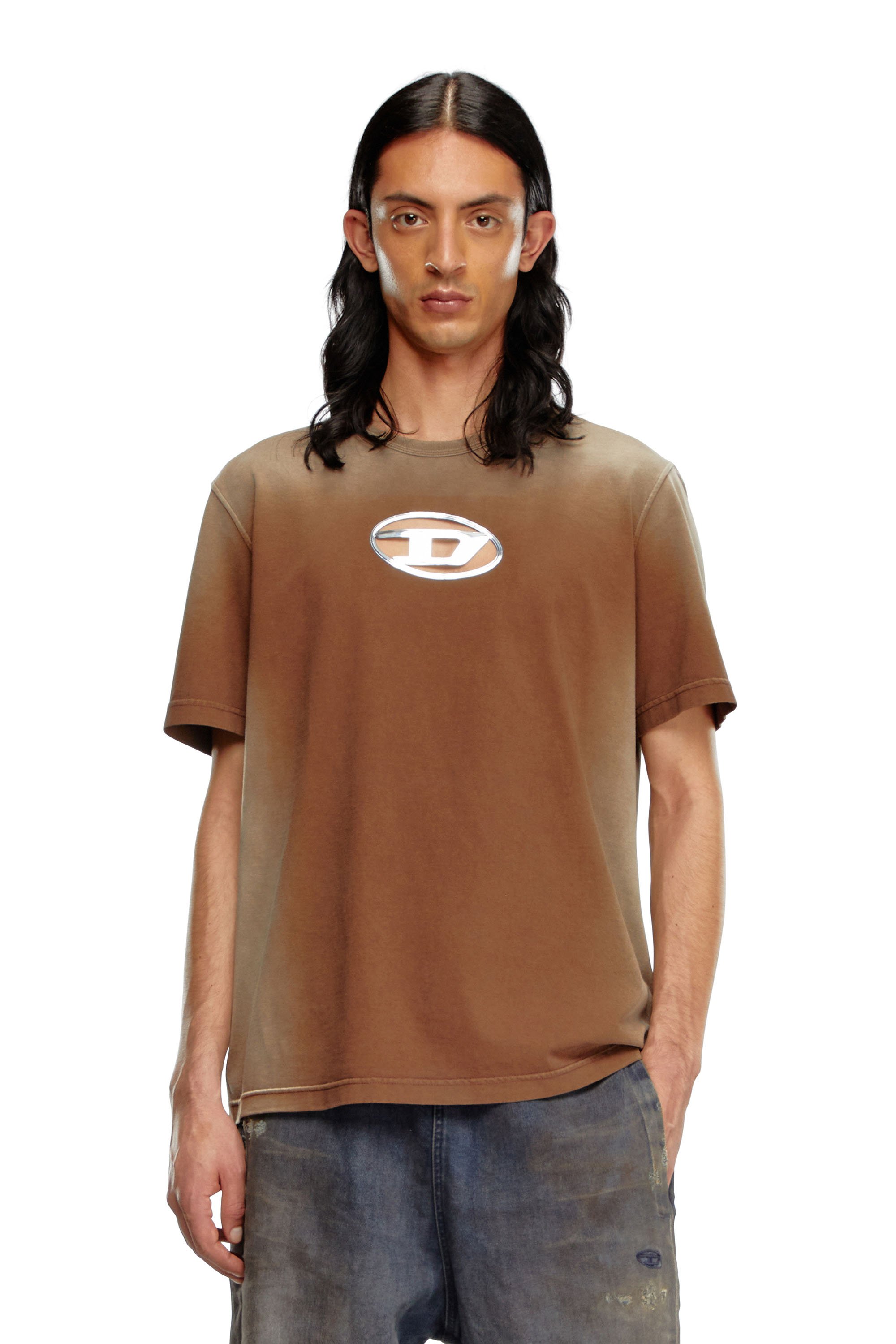Diesel - Faded T-shirt with cut-out Oval D logo - T-Shirts - Man - Brown