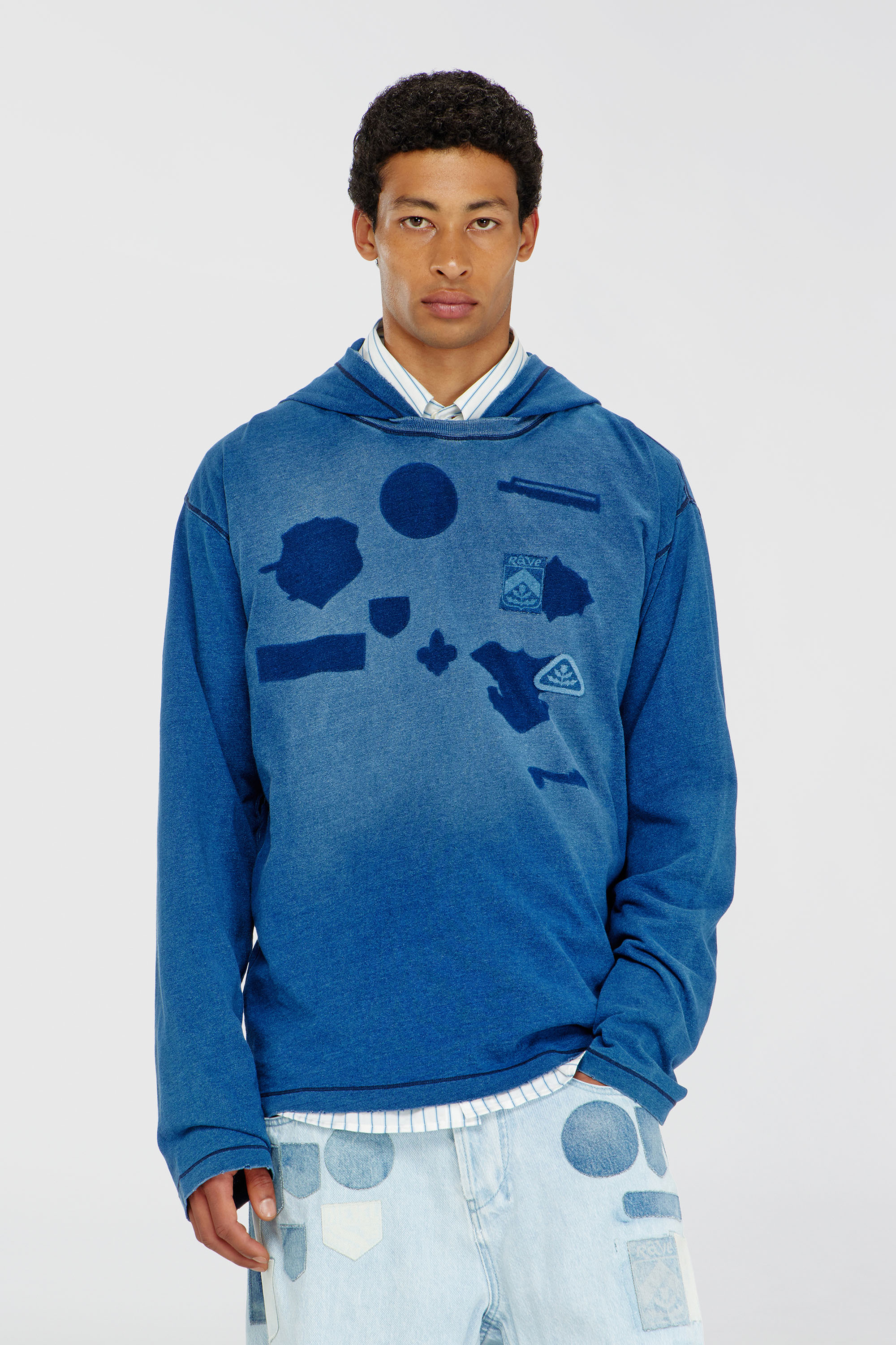 Diesel - Hooded long-sleeve T-shirt with shadow-effect patches - T-Shirts - Man - Blue