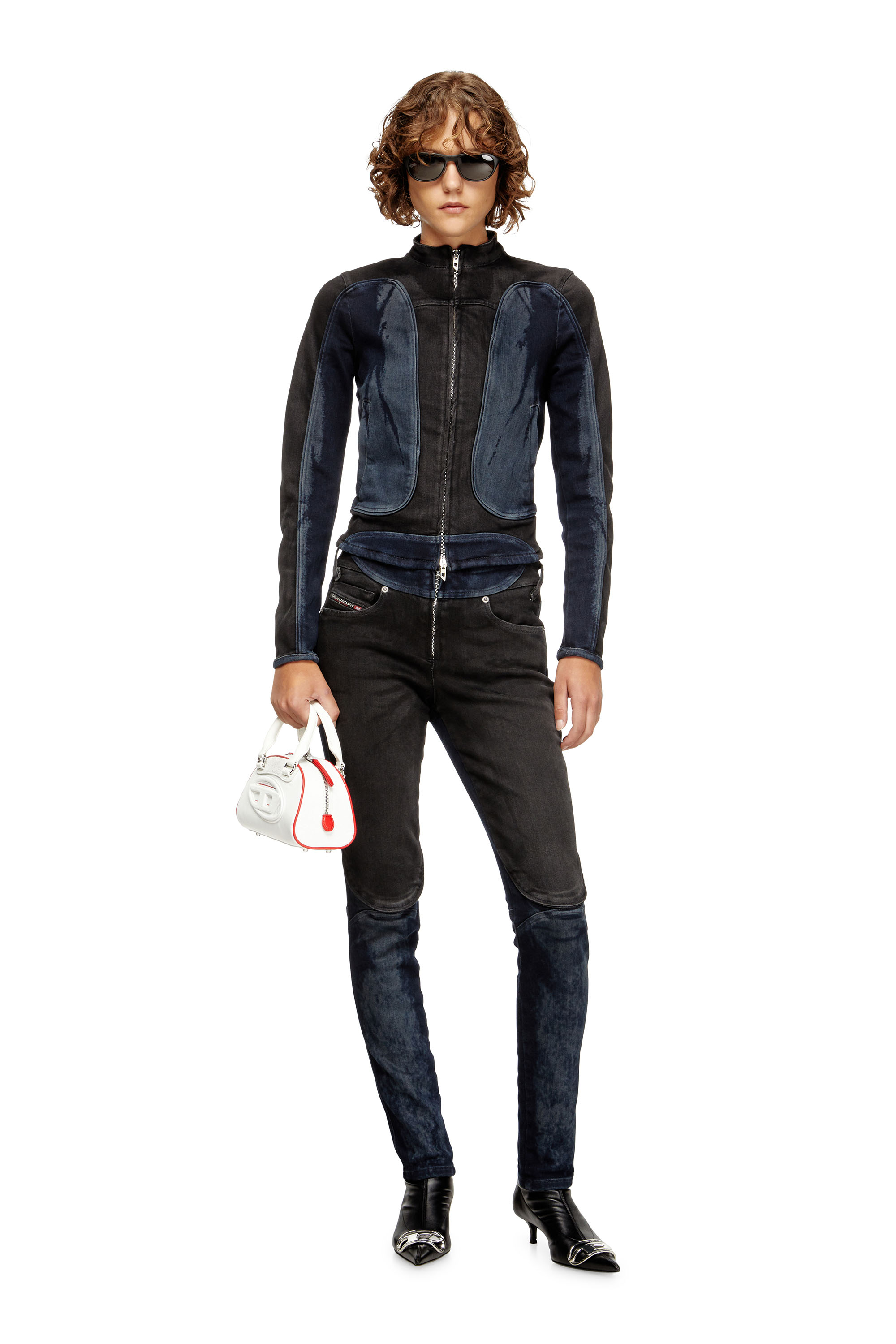 Diesel - DE-MORNY-S, Woman's Biker-style jacket in bicolour denim in Black/Blue - 2