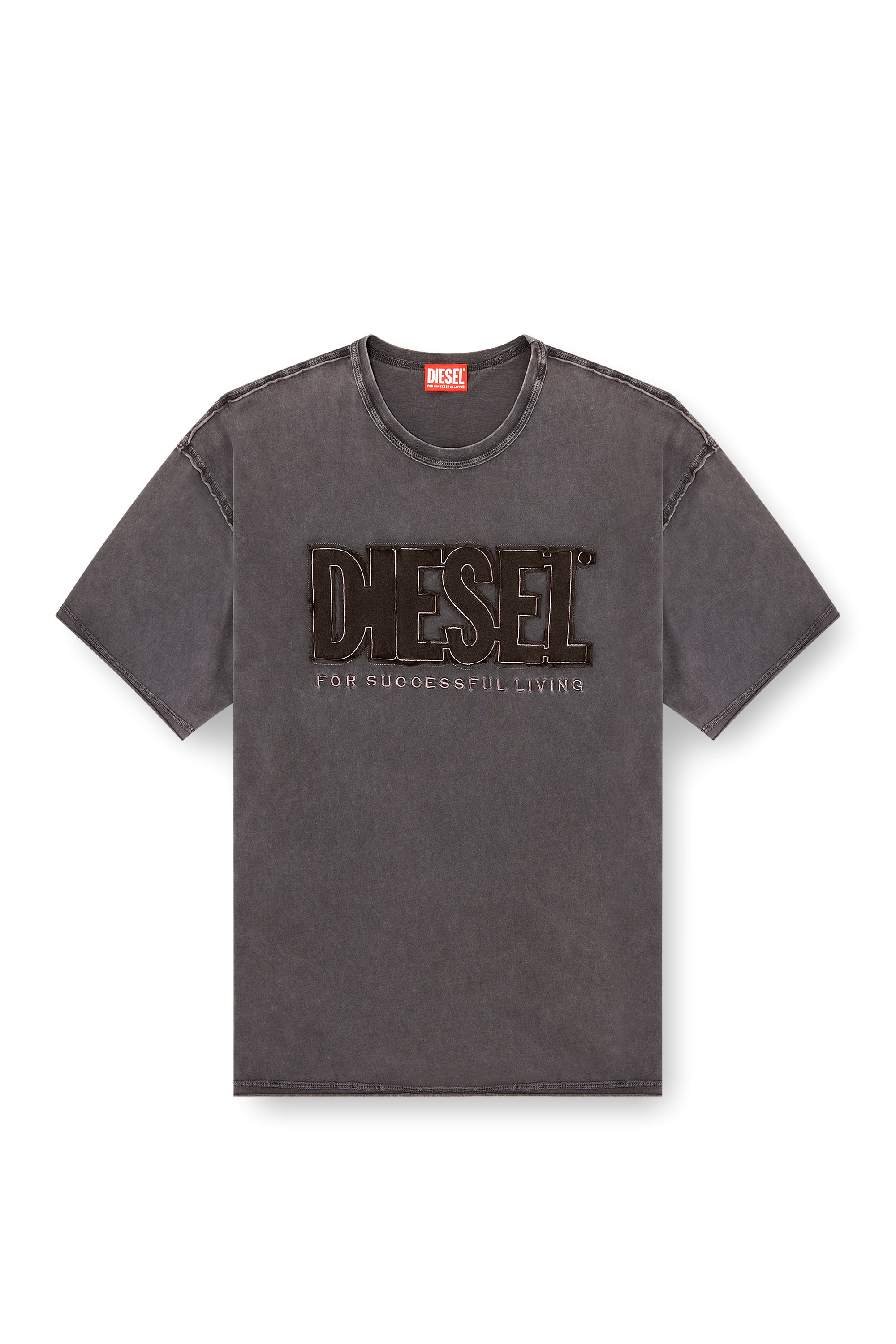 Diesel - T-RAWBOXT, Man's T-shirt with appliqué logo and raw edge in Black/Grey - 2