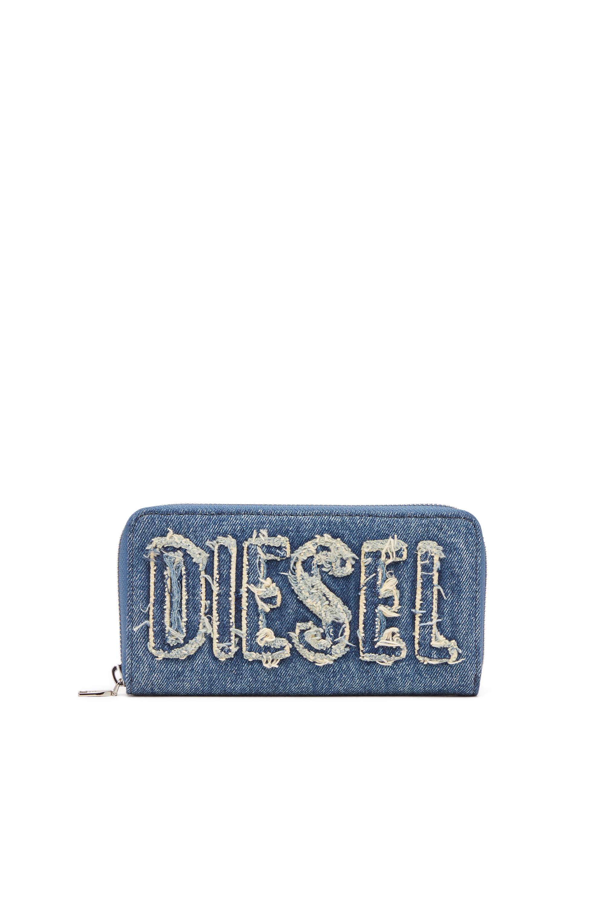 Diesel - Portafoglio zip in denim con logo sfrangiato - Portafogli Piccoli - Unisex - Blu