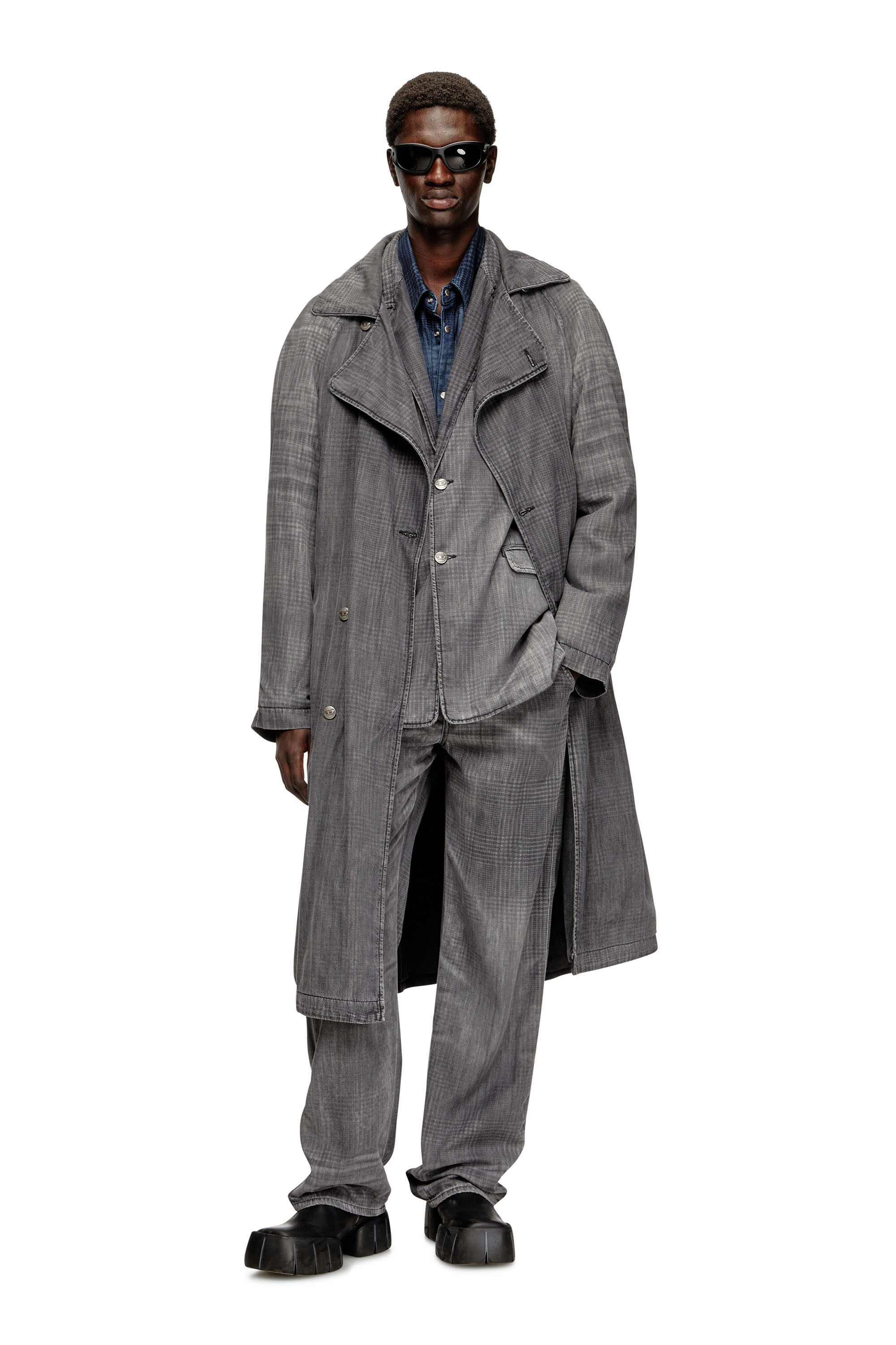 Diesel Unisex Grey - Trench Coat In Patterned Denim - Denim Jackets Extra Large