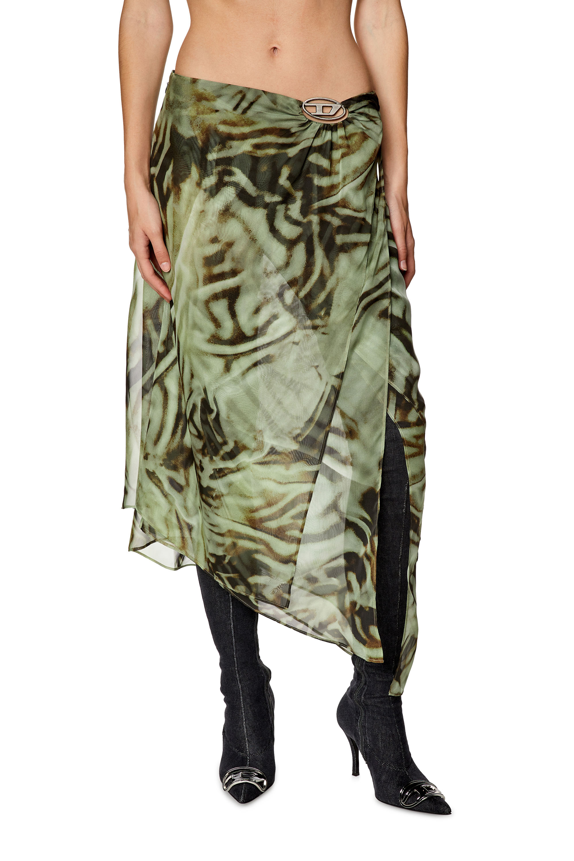 Diesel - Jupe midi asymétrique en mousseline motif camouflage - Jupes - Femme - Vert