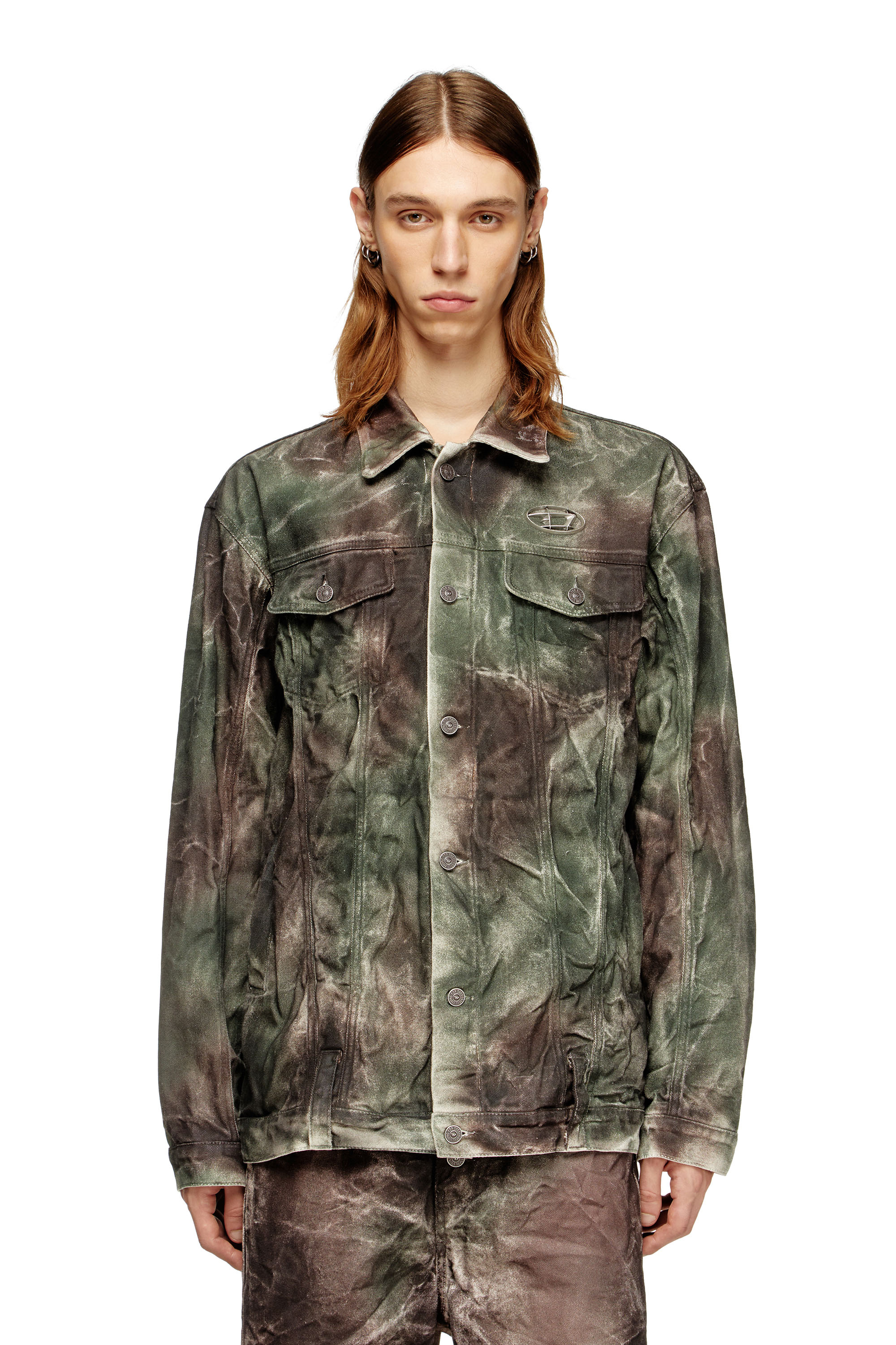 Diesel Trucker Jacket In Crinkled Camo Canvas In Multi