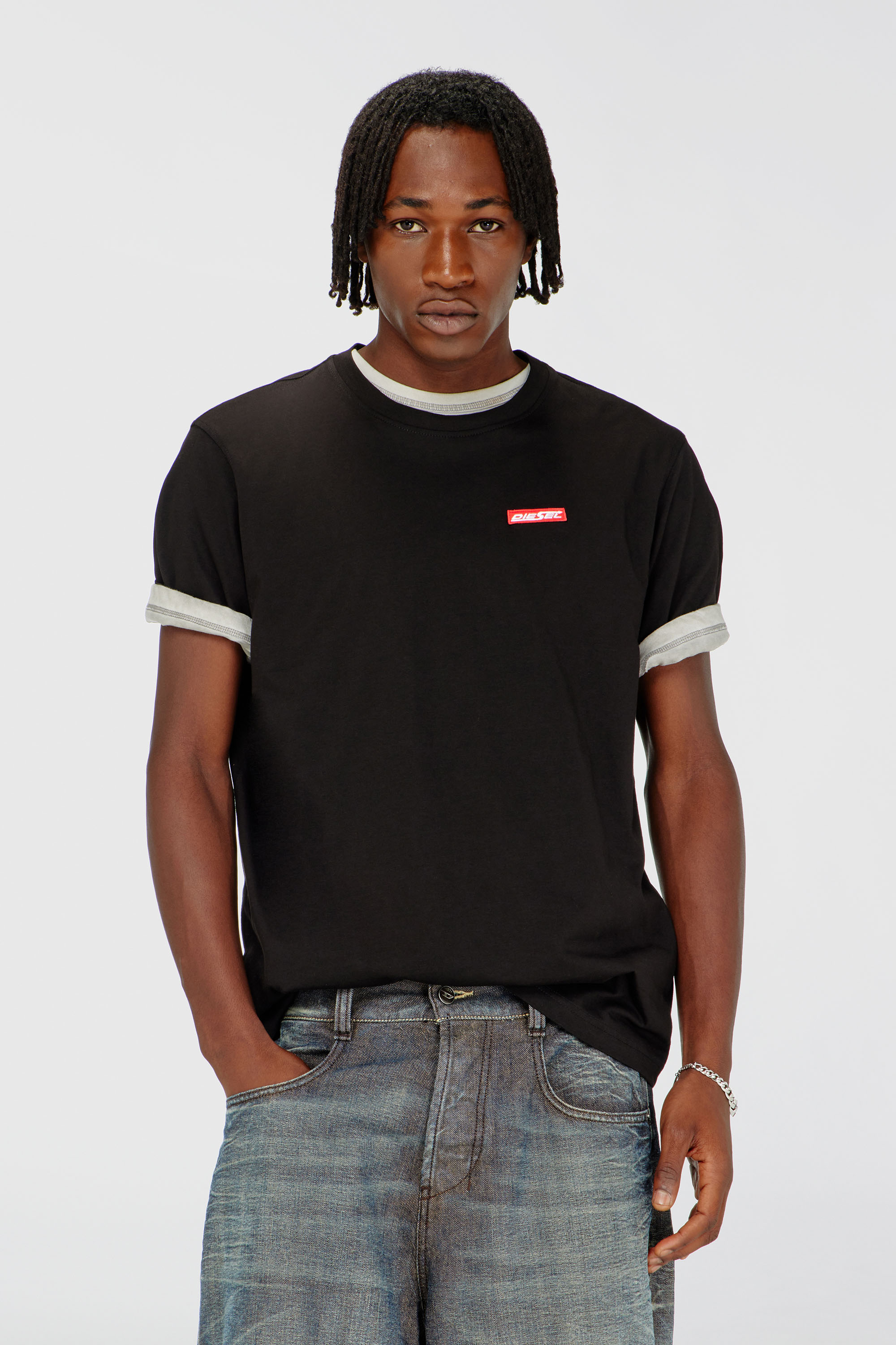 Diesel - Cotton T-shirt with logo patch - T-Shirts - Man - Black