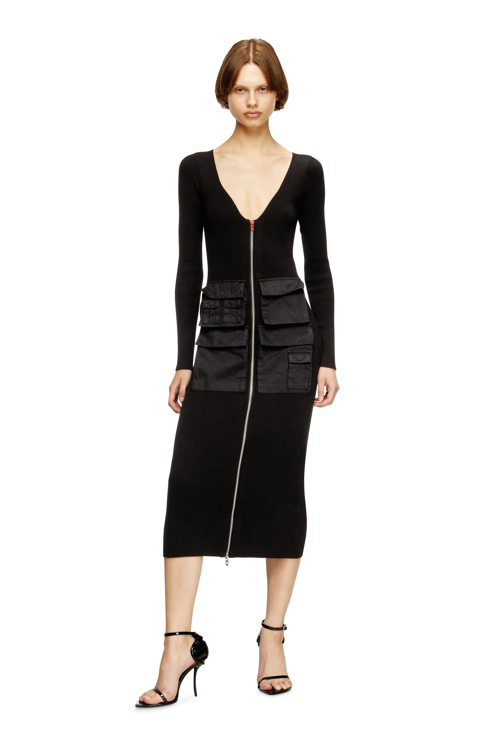 Diesel Women's Black - Ribbed Midi Dress With Cargo Pockets - Dresses - Woman Extra Small