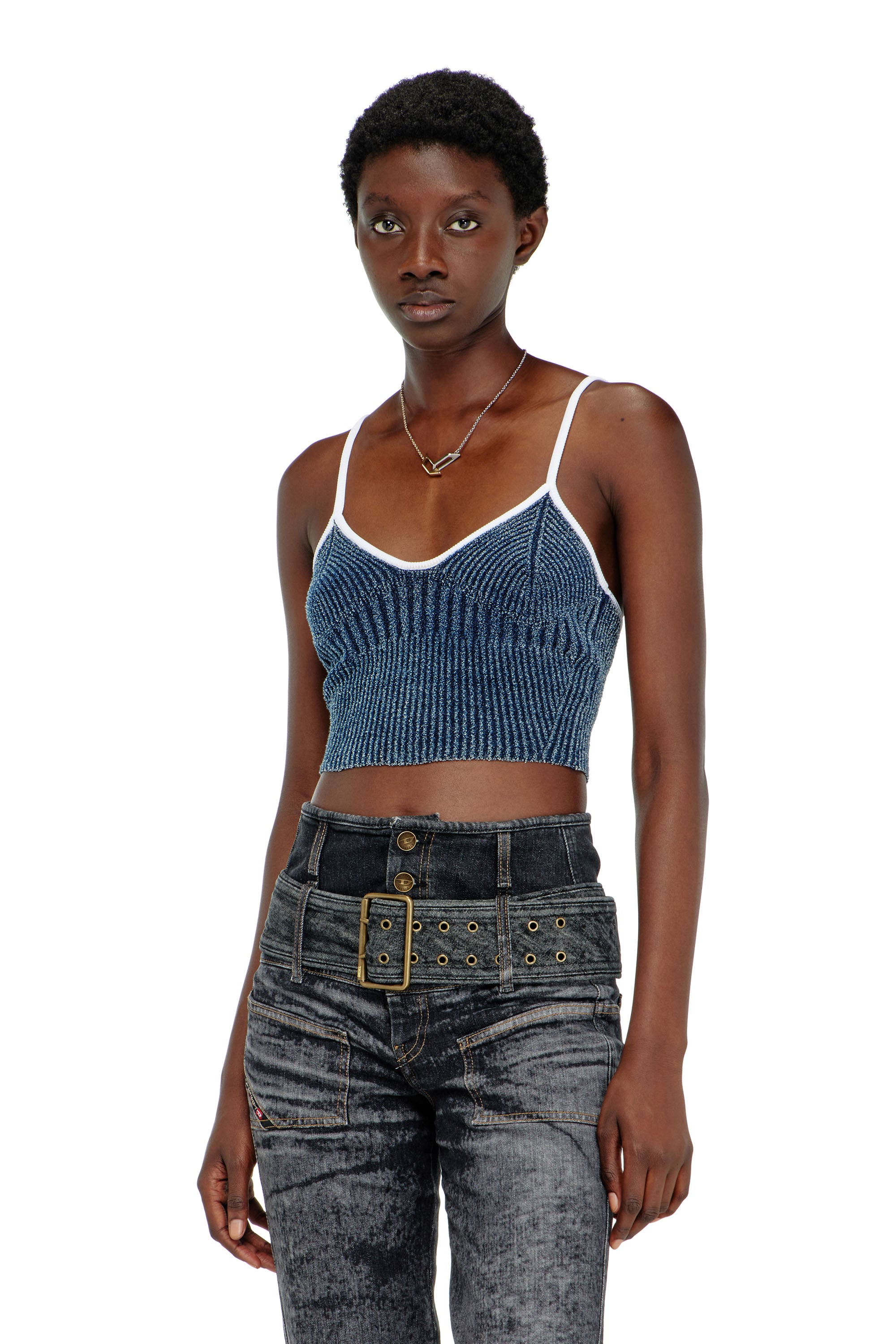 Diesel - Crop top in indigo bouclé ribbed knit - T-Shirts - Woman - Multicolor