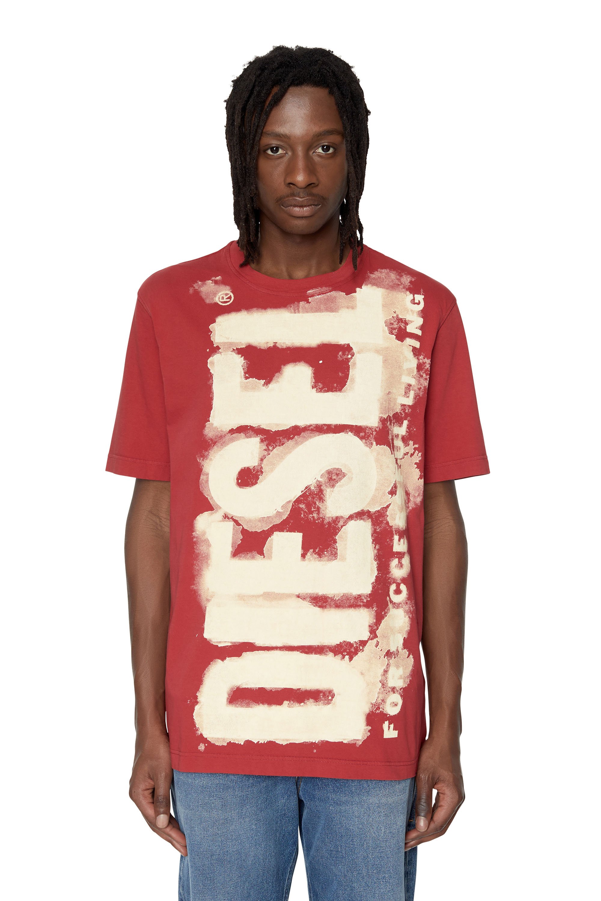 Diesel - T-shirt con logo stampato a effetto bleed-through - T-Shirts - Uomo - Rosso