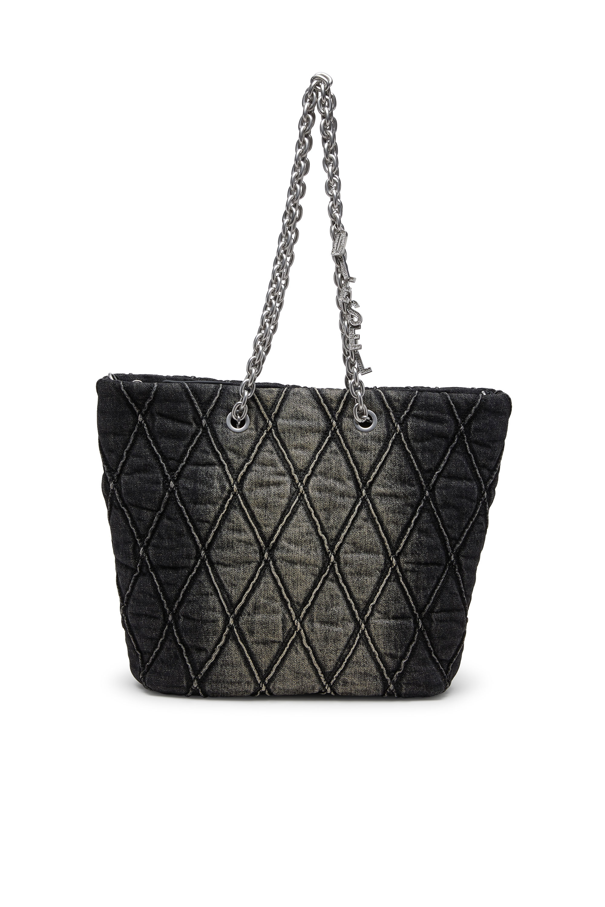 Diesel - CHARM-D SHOPPER M, Woman's Charm-D-Tote bag in treated quilted denim in Black - 2