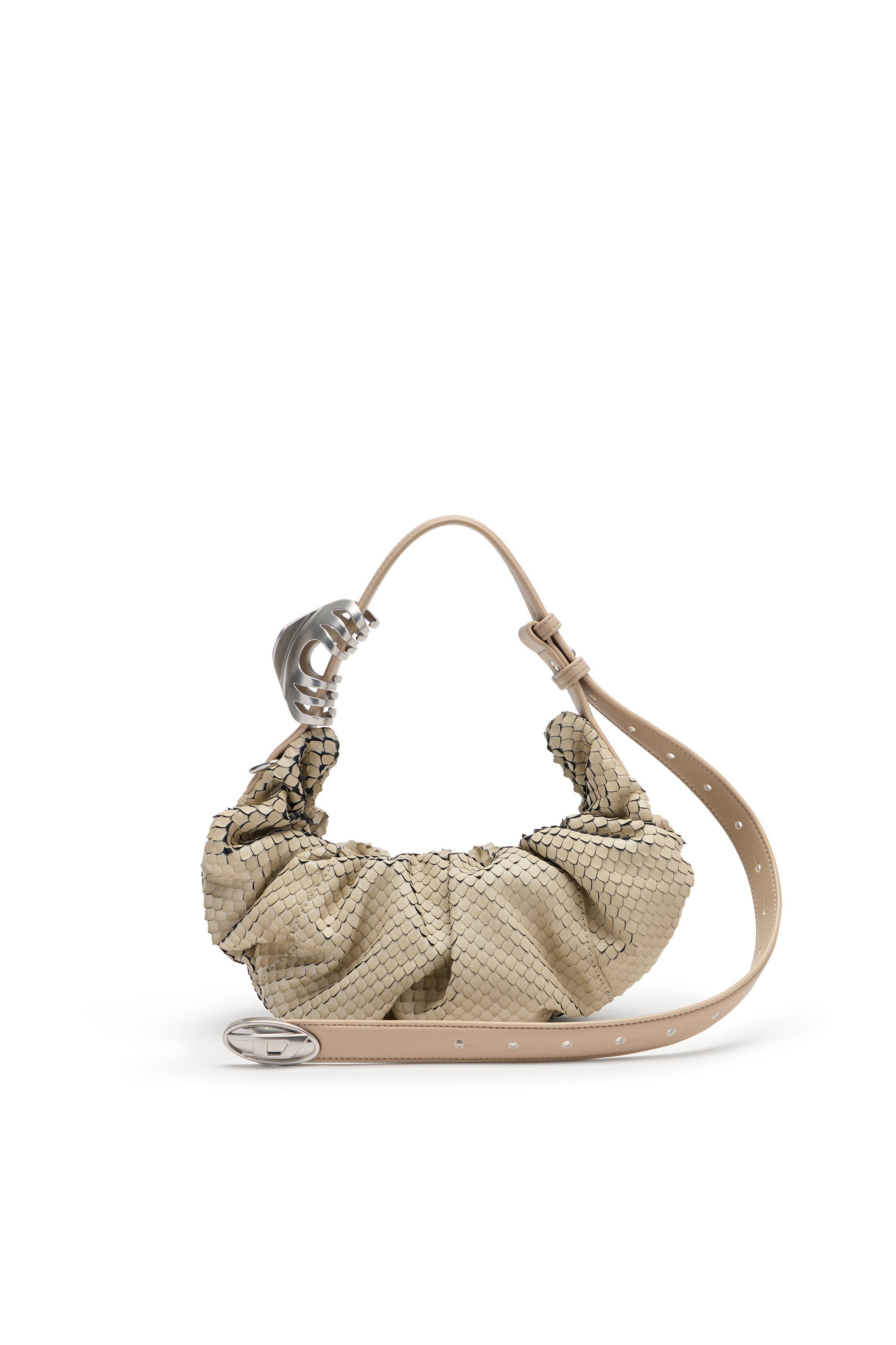Diesel - GRAB-D HOBO S, Woman's Grab-D-Small scrunched hobo bag in snake-effect leather in Beige - 2