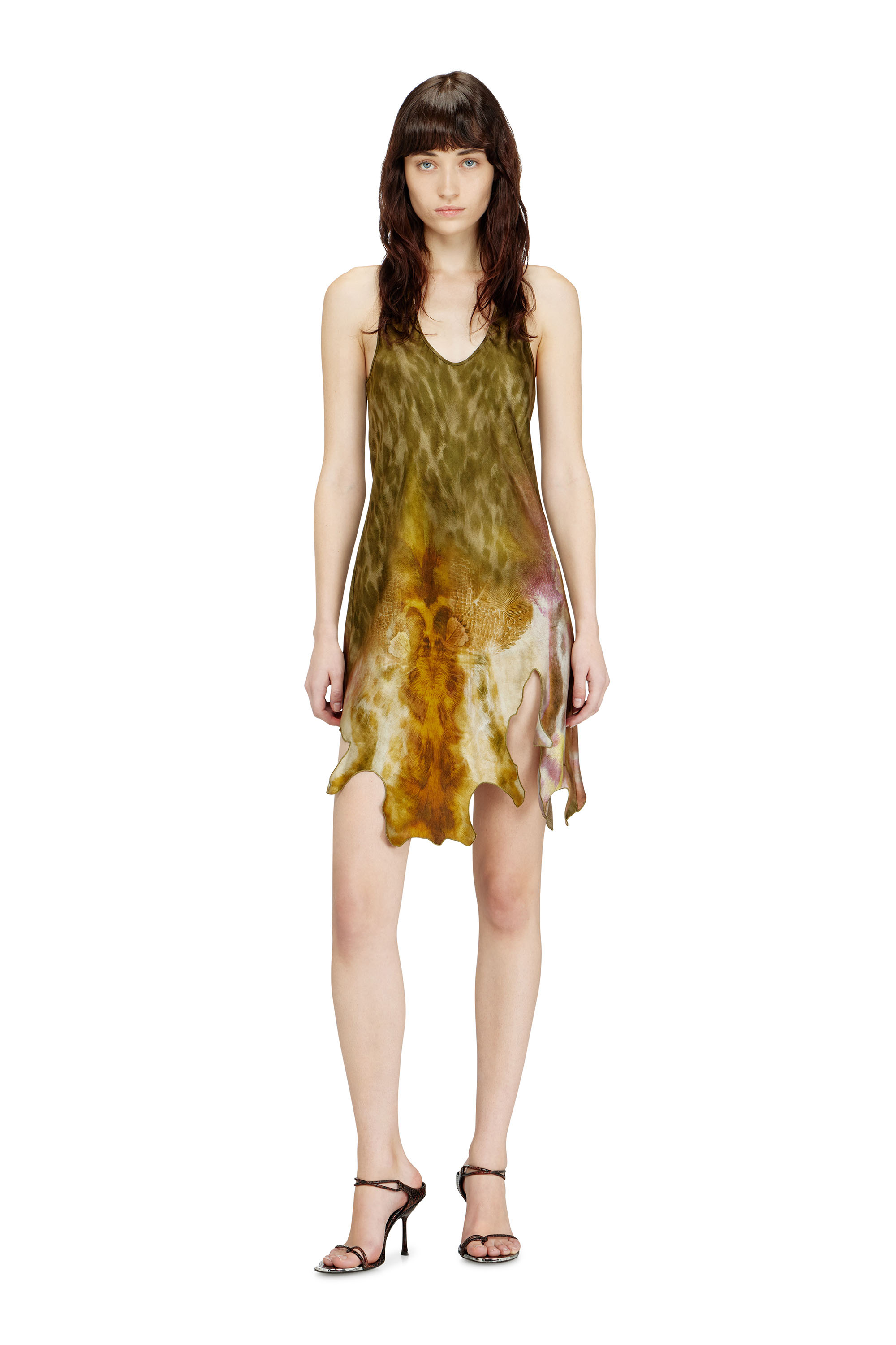 Diesel - D-AHIUL, Woman's Short satin dress with hide-effect hem in Brown/Green - 2