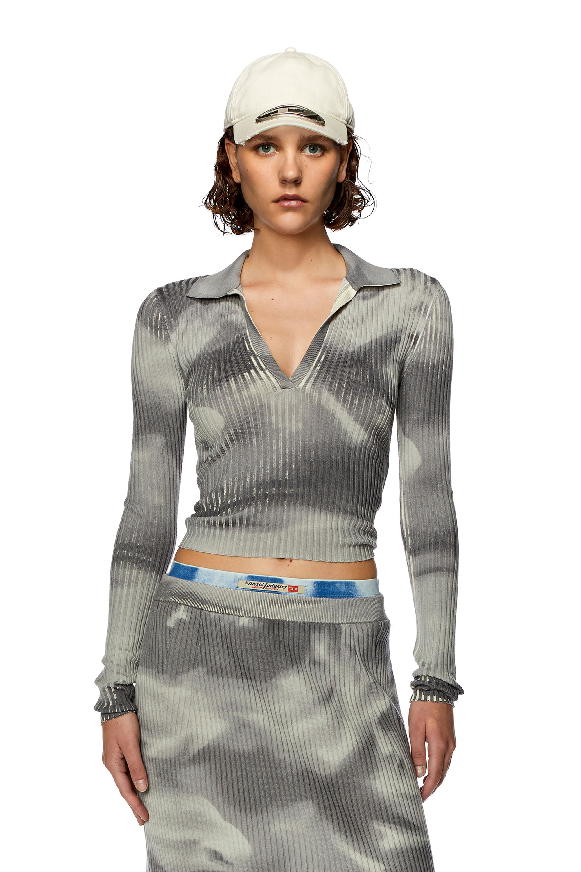 Diesel - Wool-knit polo top with camo print - Knitwear - Woman - Grey