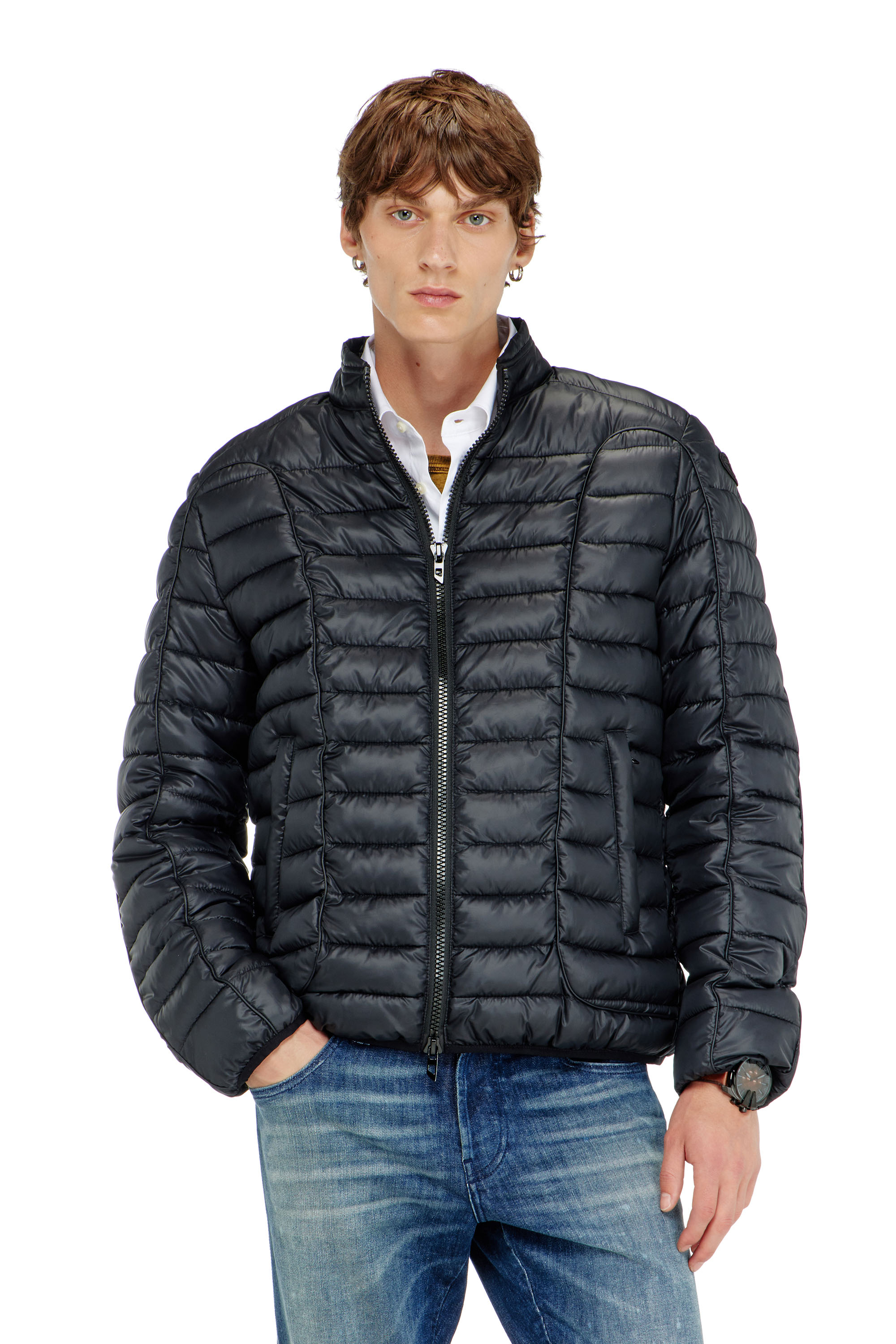 Diesel Men's Black - Biker-Style Puffer Jacket With Tonal Piping - Winter Jackets - Man Size 46