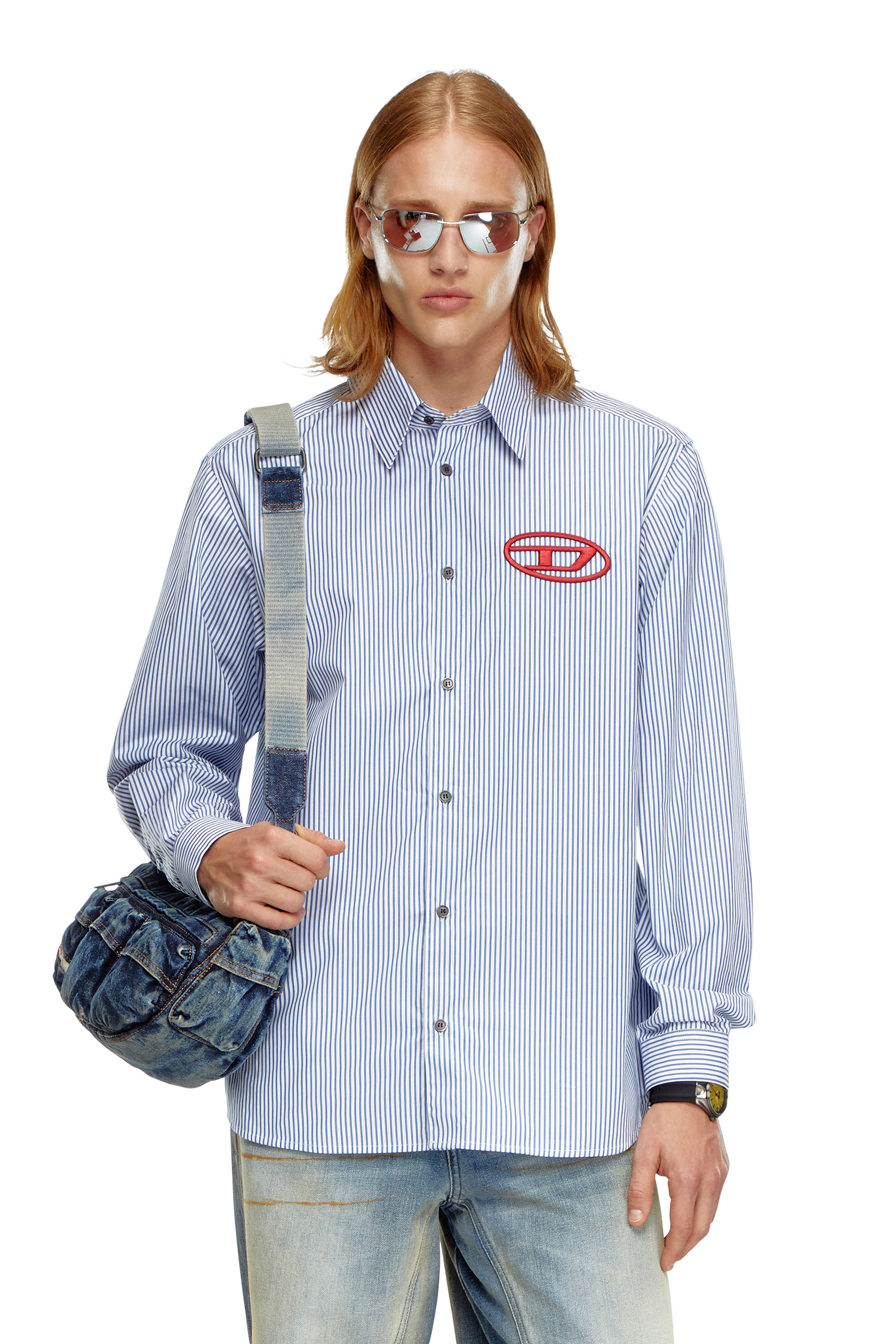 Shop Diesel Striped Shirt With Oval D Embroidery In Blue